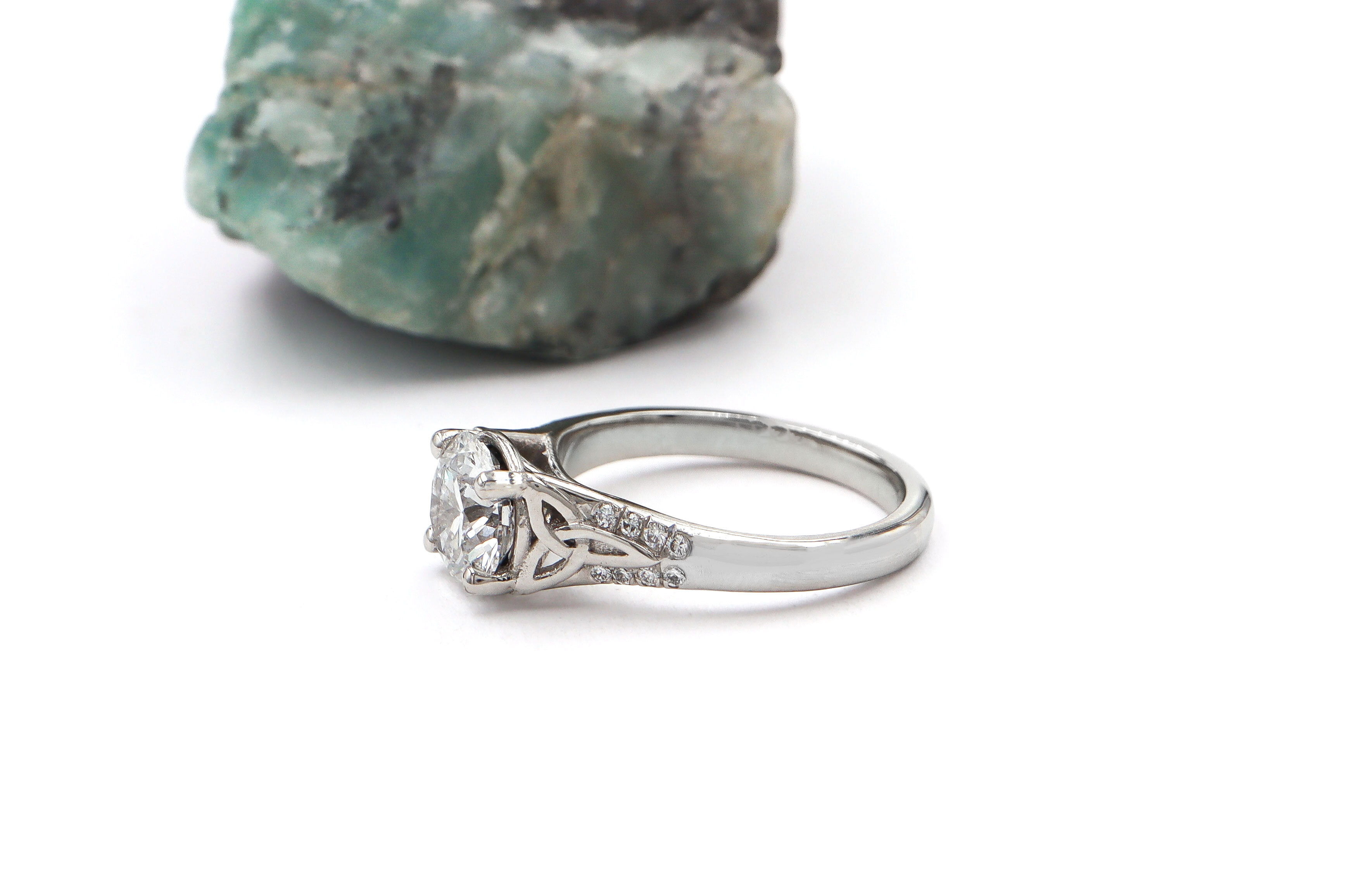 Womens Gorgeous Polished 14K White Gold Trinity Knot 1.50ct Lab Grown Diamond Ring. Side View.
