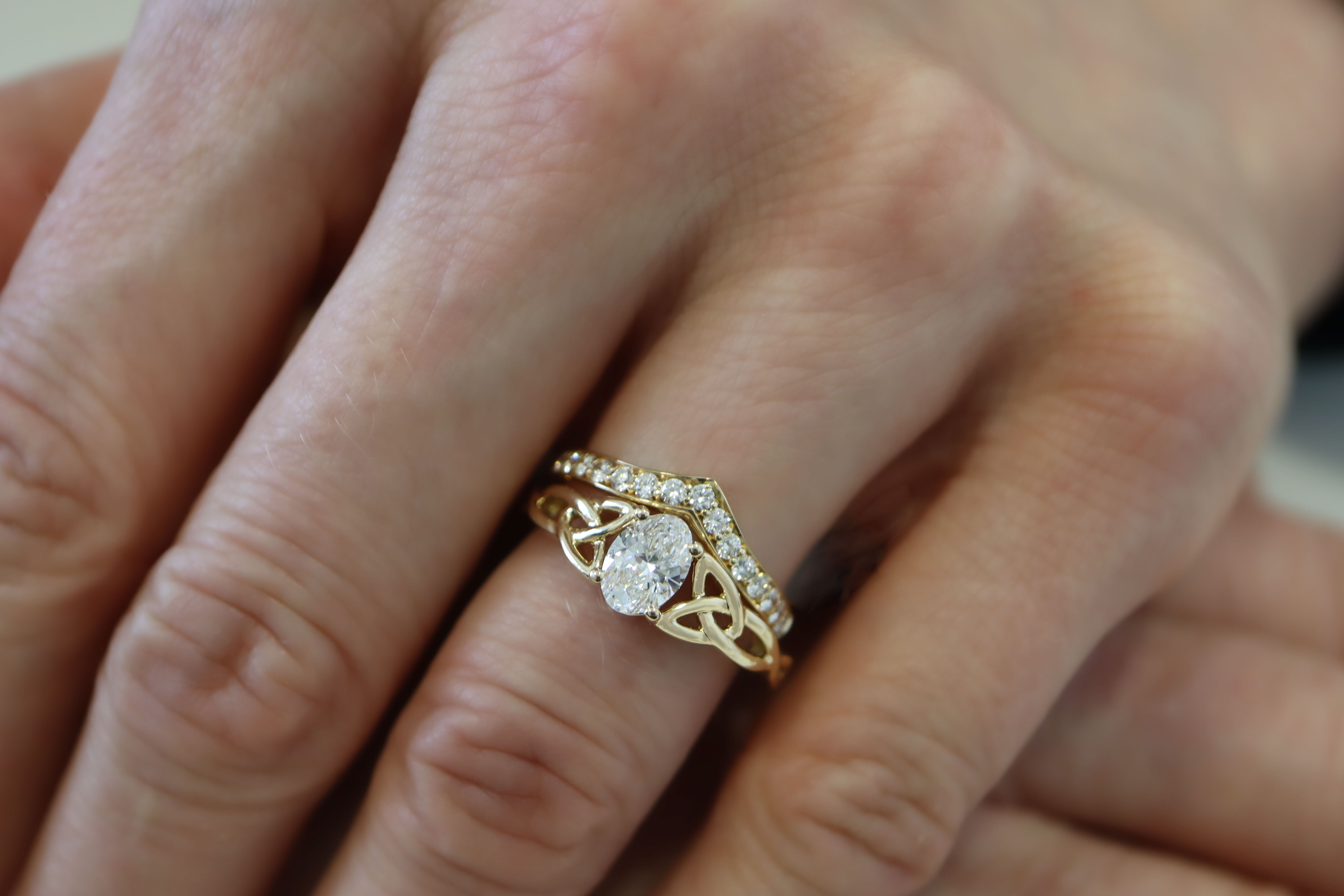 Irish 14K Yellow Gold Trinity Knot 0.70ct Lab Grown Diamond Ring For Women With a Polished Finish - Model Photo