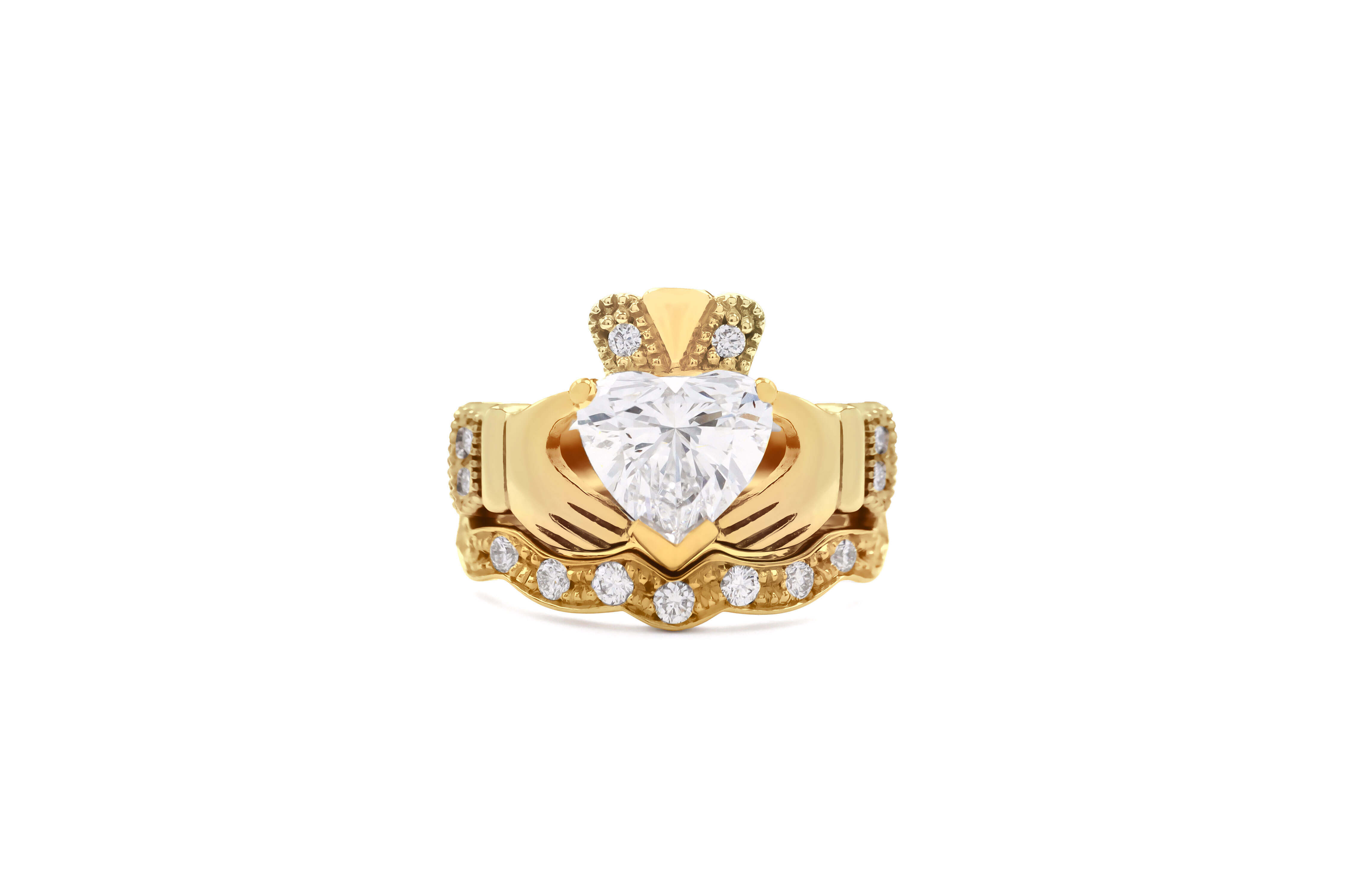 Diamond Wedding Band to Fit Claddagh Engagement Ring Sku 22377 with Ring white background Yellow Gold