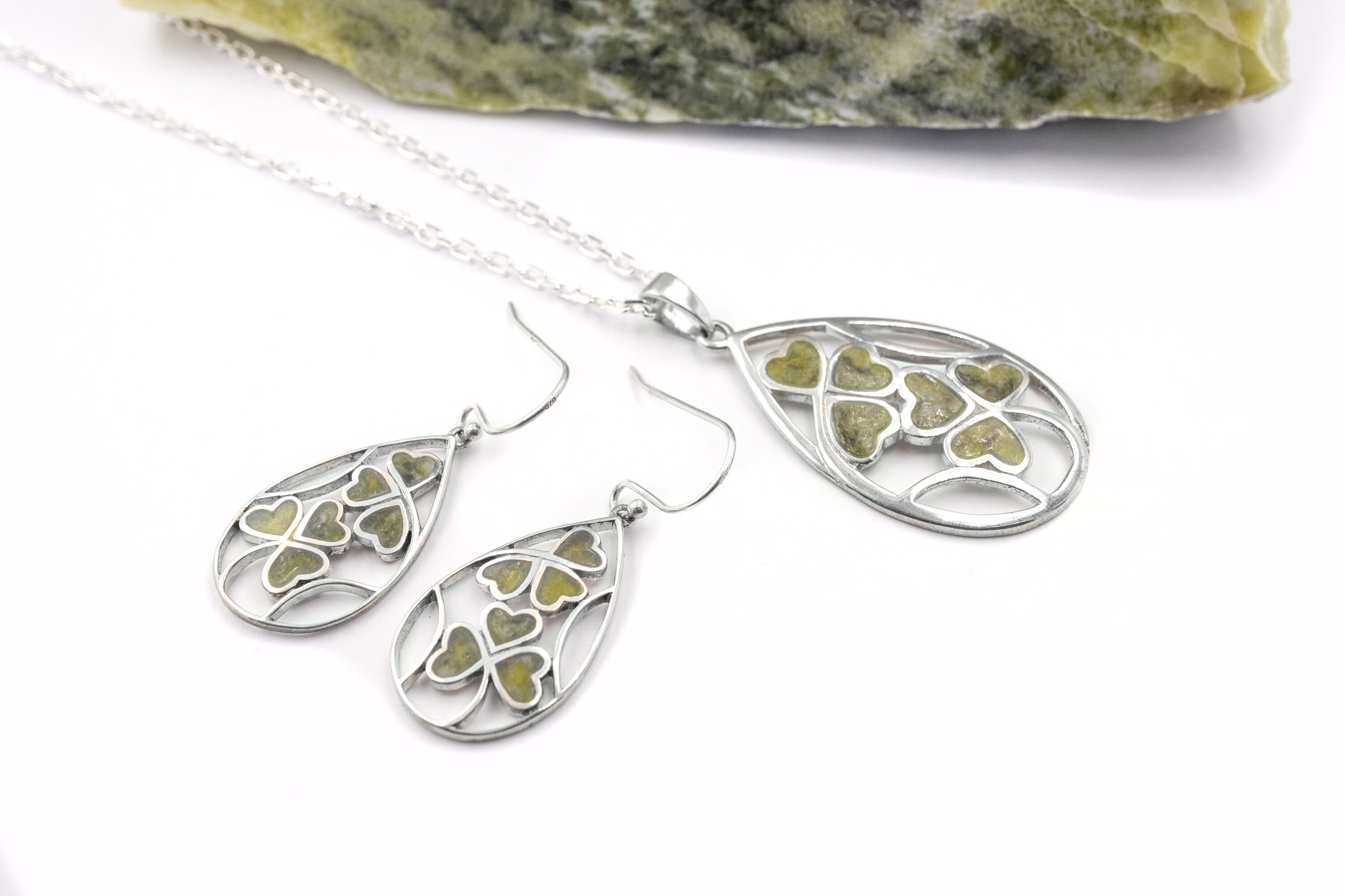 Womens Striking Sterling Silver Shamrock & Connemara Marble Gift Set