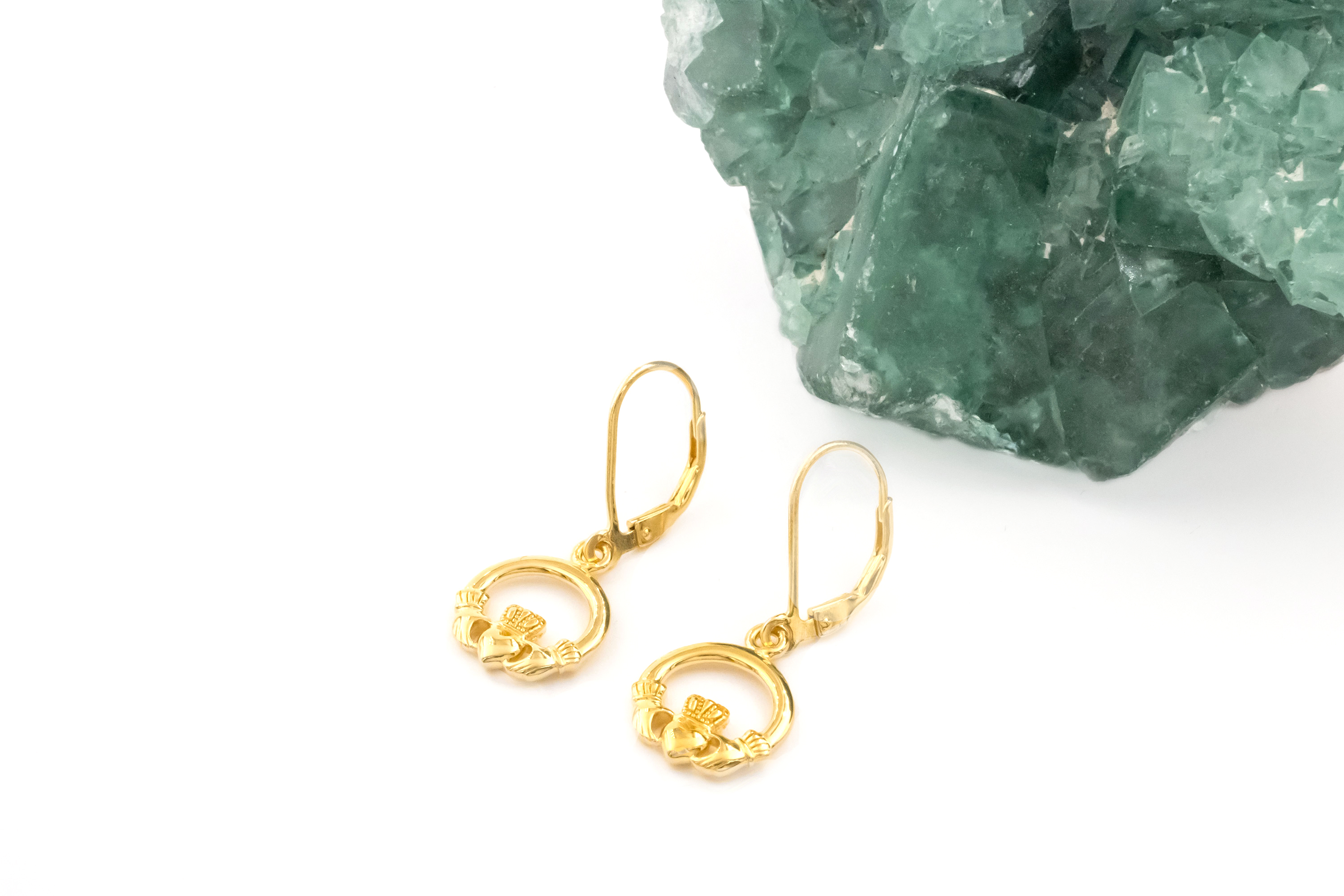 Womens Gold Vermeil Claddagh Earrings. Side View.