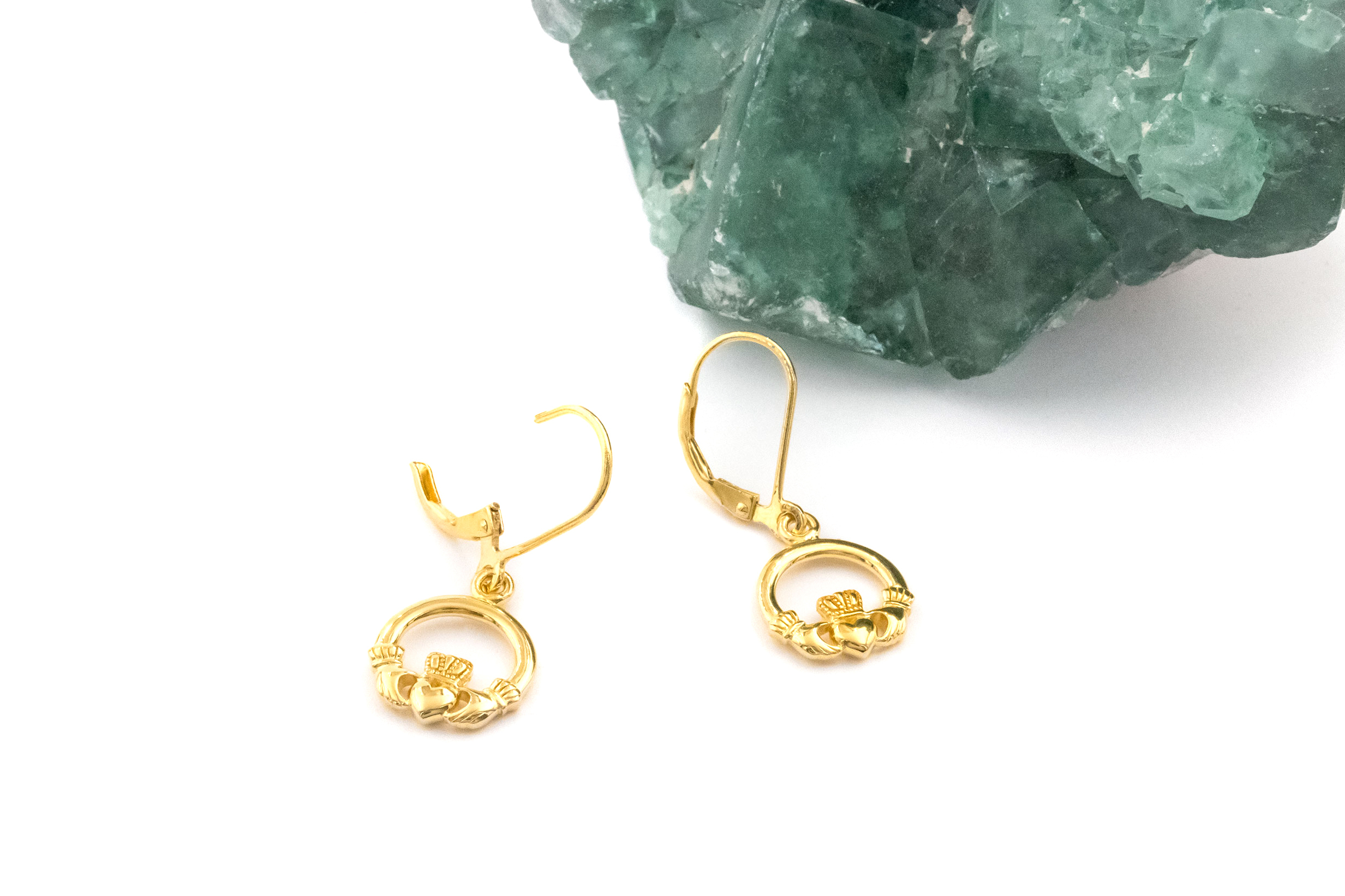 Irish 14K Gold Vermeil Claddagh Earrings For Women. Side View.