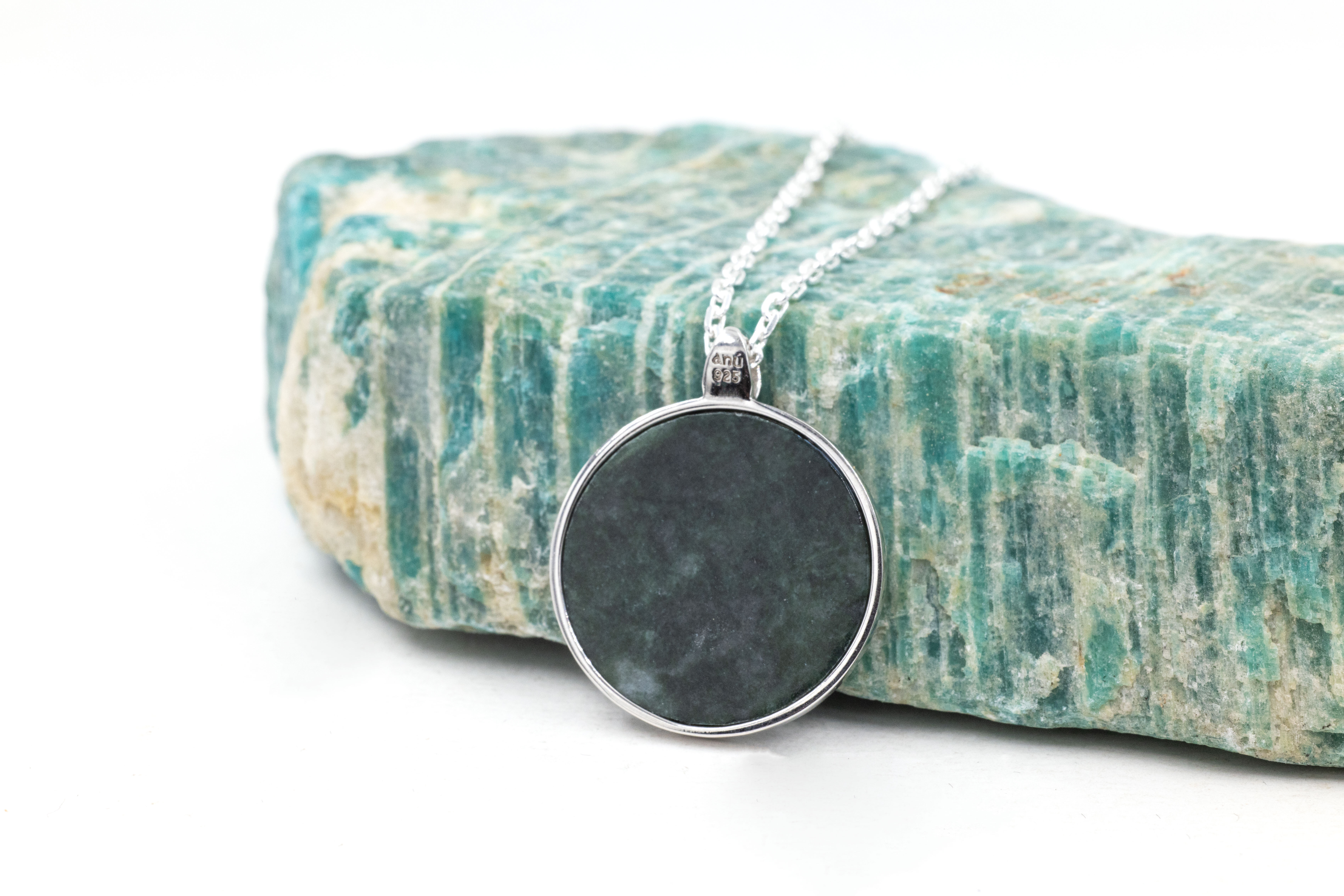 Gorgeous Sterling Silver Connemara Marble & Trinity Knot Necklace For Women. Side View.