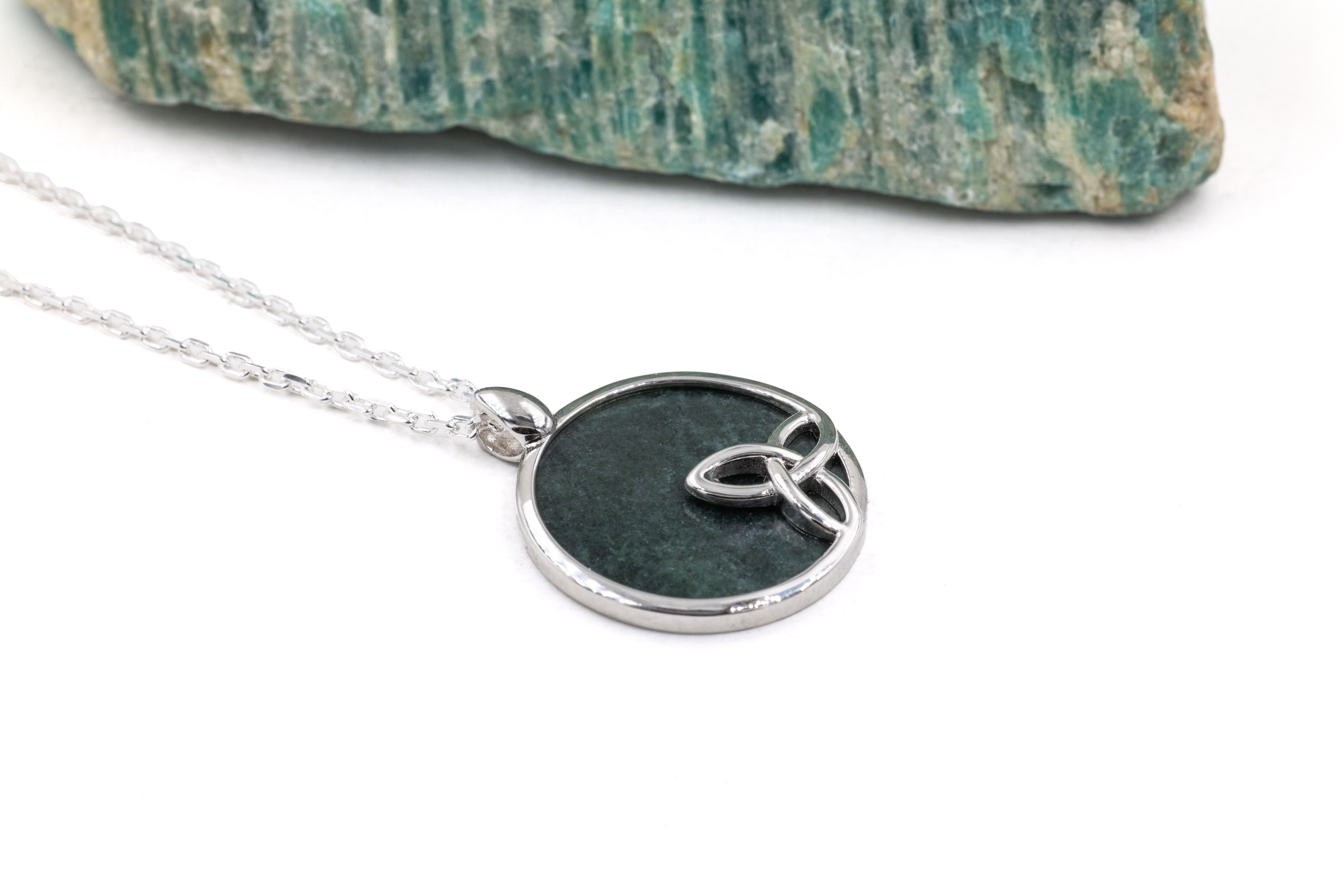 Womens Connemara Marble & Trinity Knot Necklace in Sterling Silver. Side View.