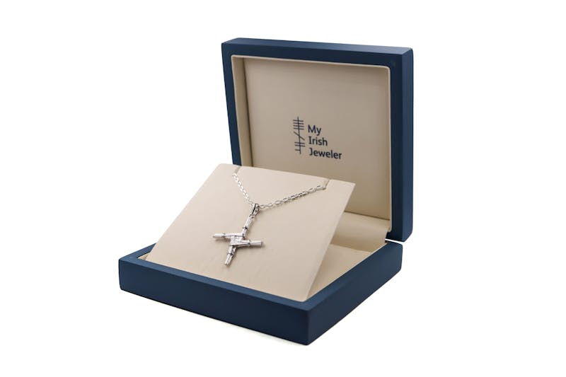 Womens Medium Sized Sterling Silver St Brigids Cross Necklace. Side View.