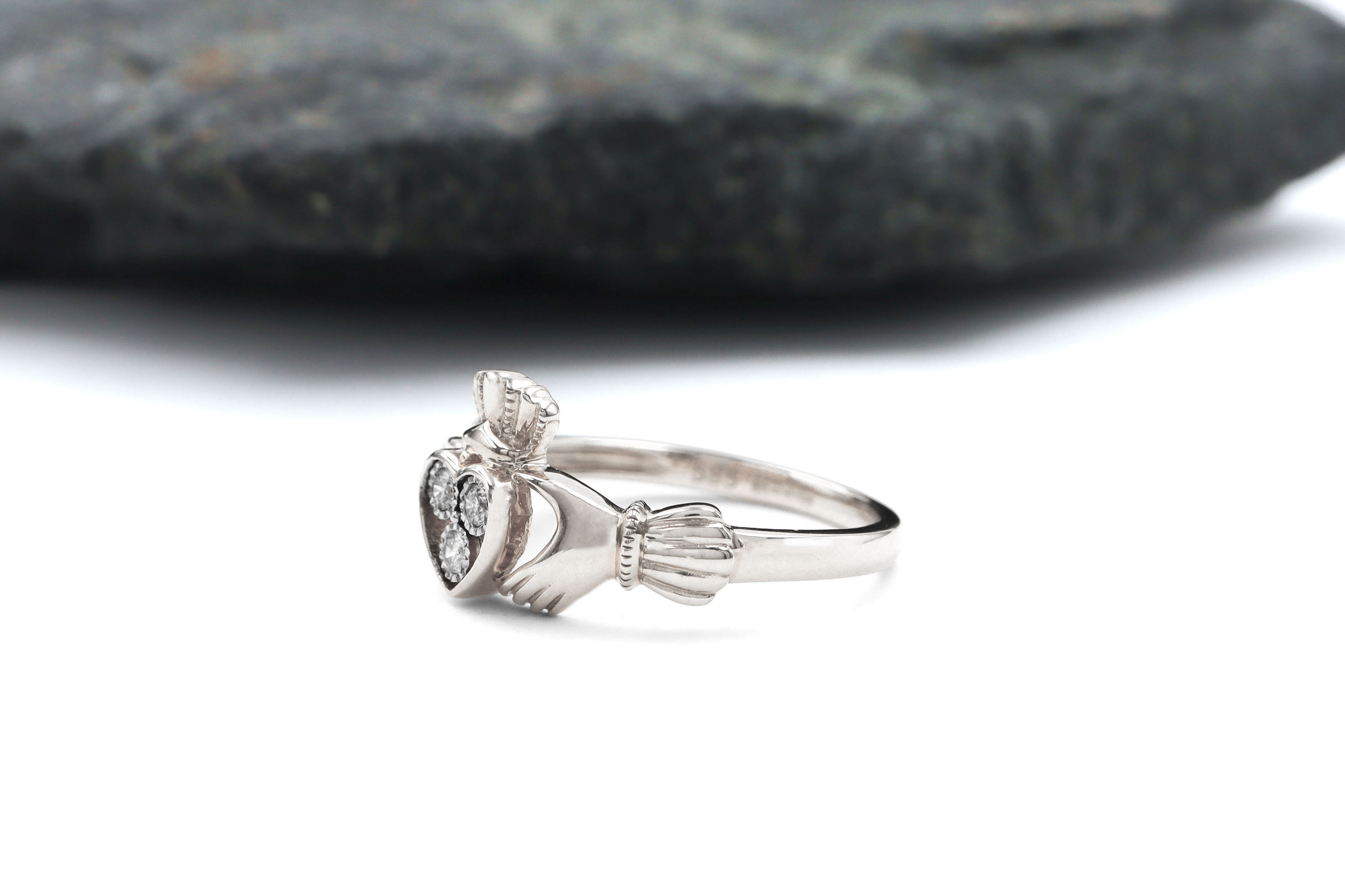 Real White Gold Claddagh Engagement Ring For Women. Side View.