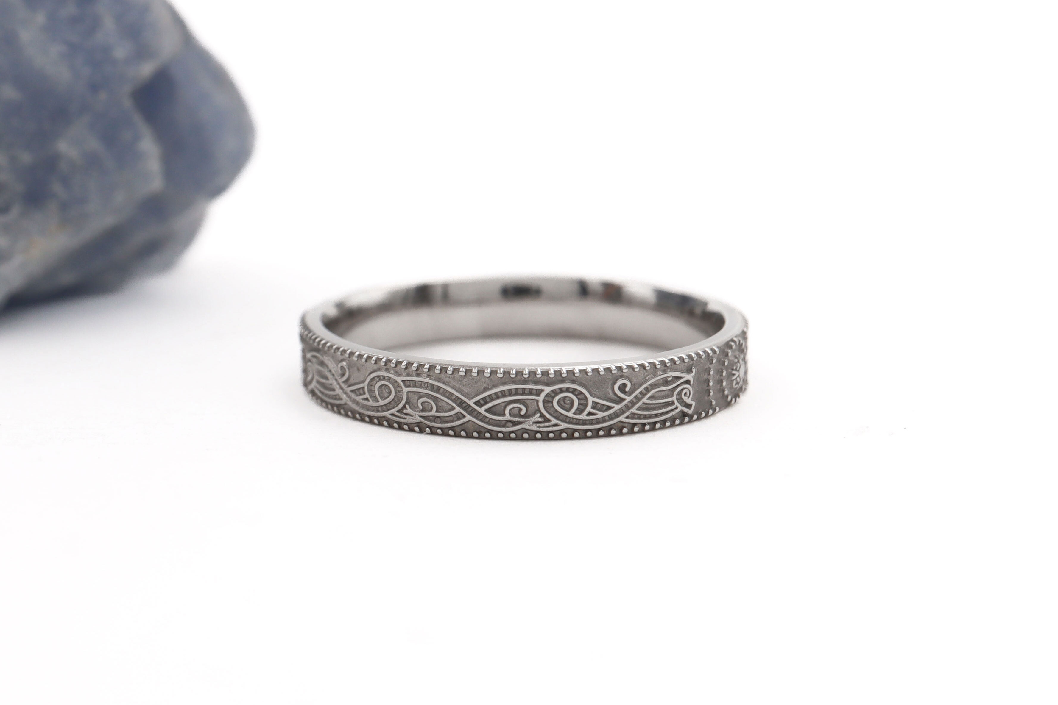 Womens Striking Florentine 14K White Gold Celtic Warrior 4.5mm Ring. Side View.