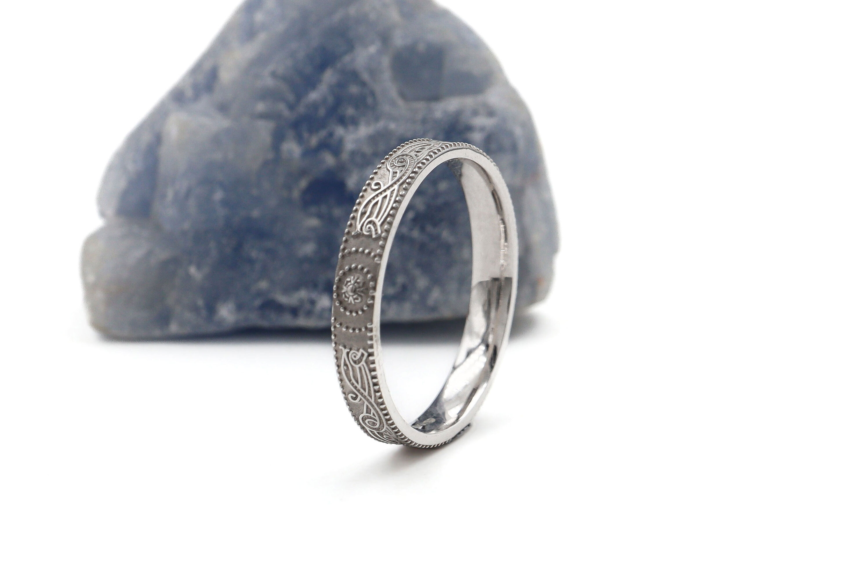 Luxurious White Gold Celtic Warrior 3.0mm Ring For Women With a Florentine Finish. Side View.