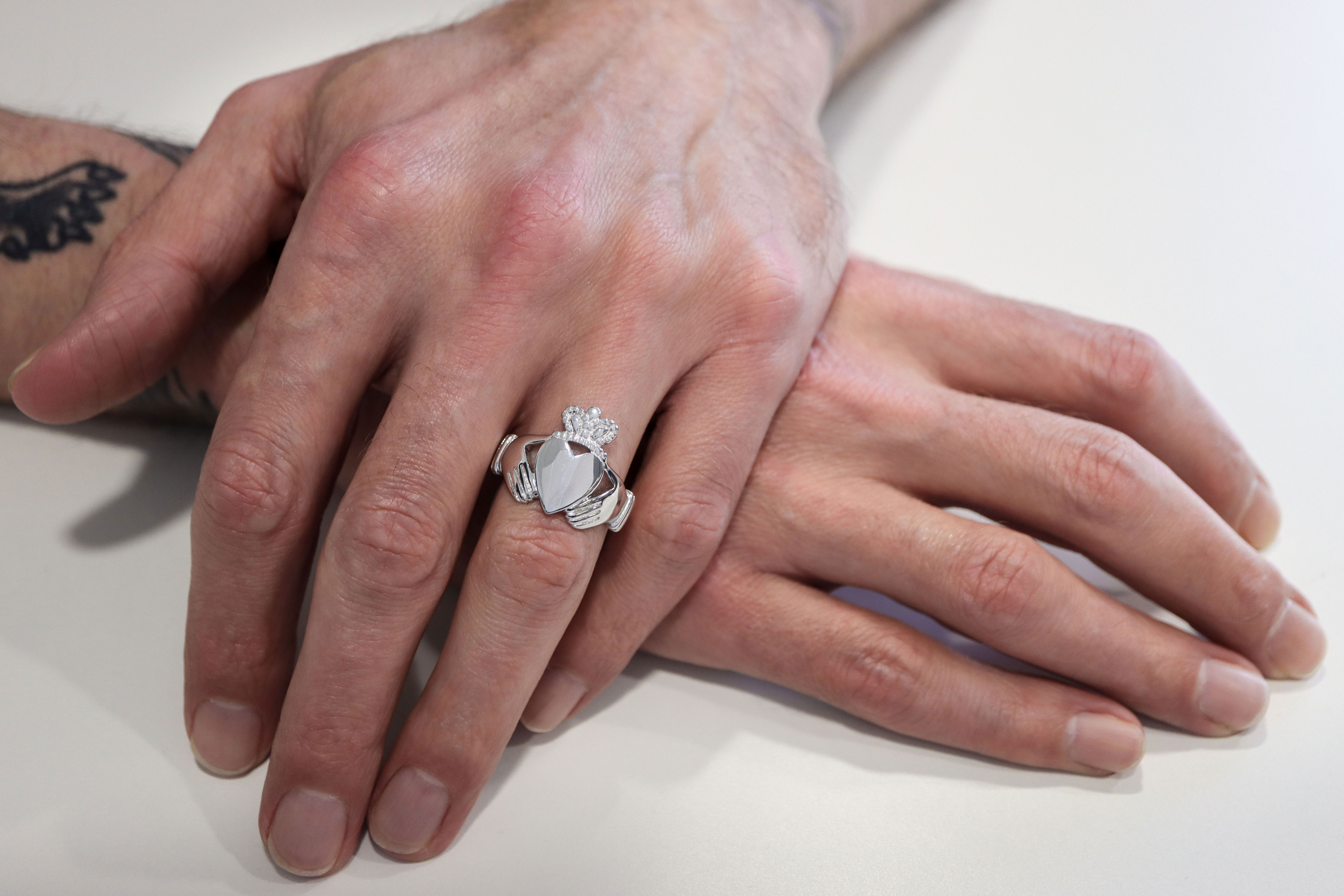 Gorgeous 14K White Gold Claddagh 18.0mm Ring For Men - Model Photo