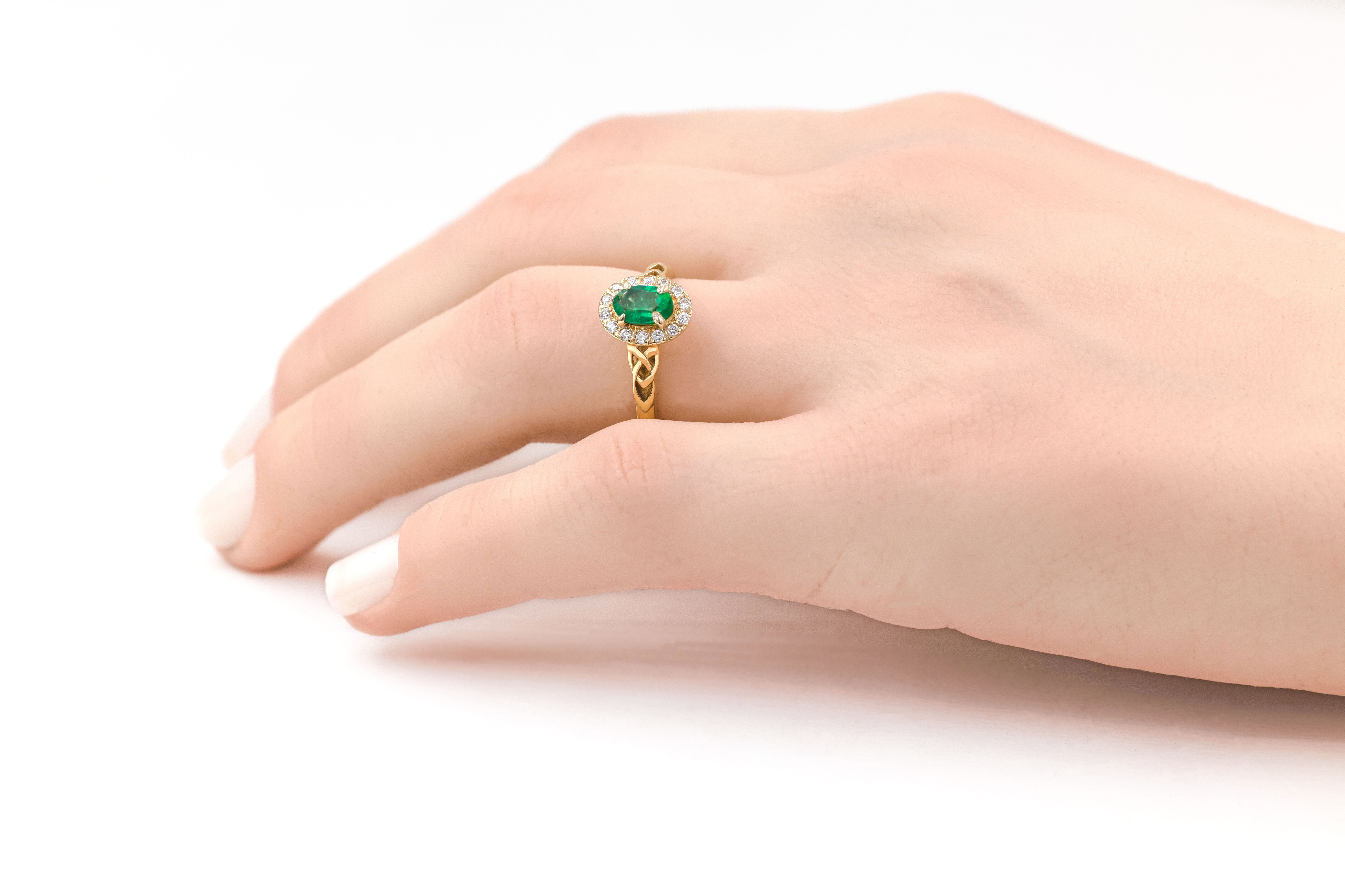 Womens Polished Trinity Knot & Celtic Knot 0.50ct Natural Emerald Engagement Ring in Real Yellow Gold - Model Photo