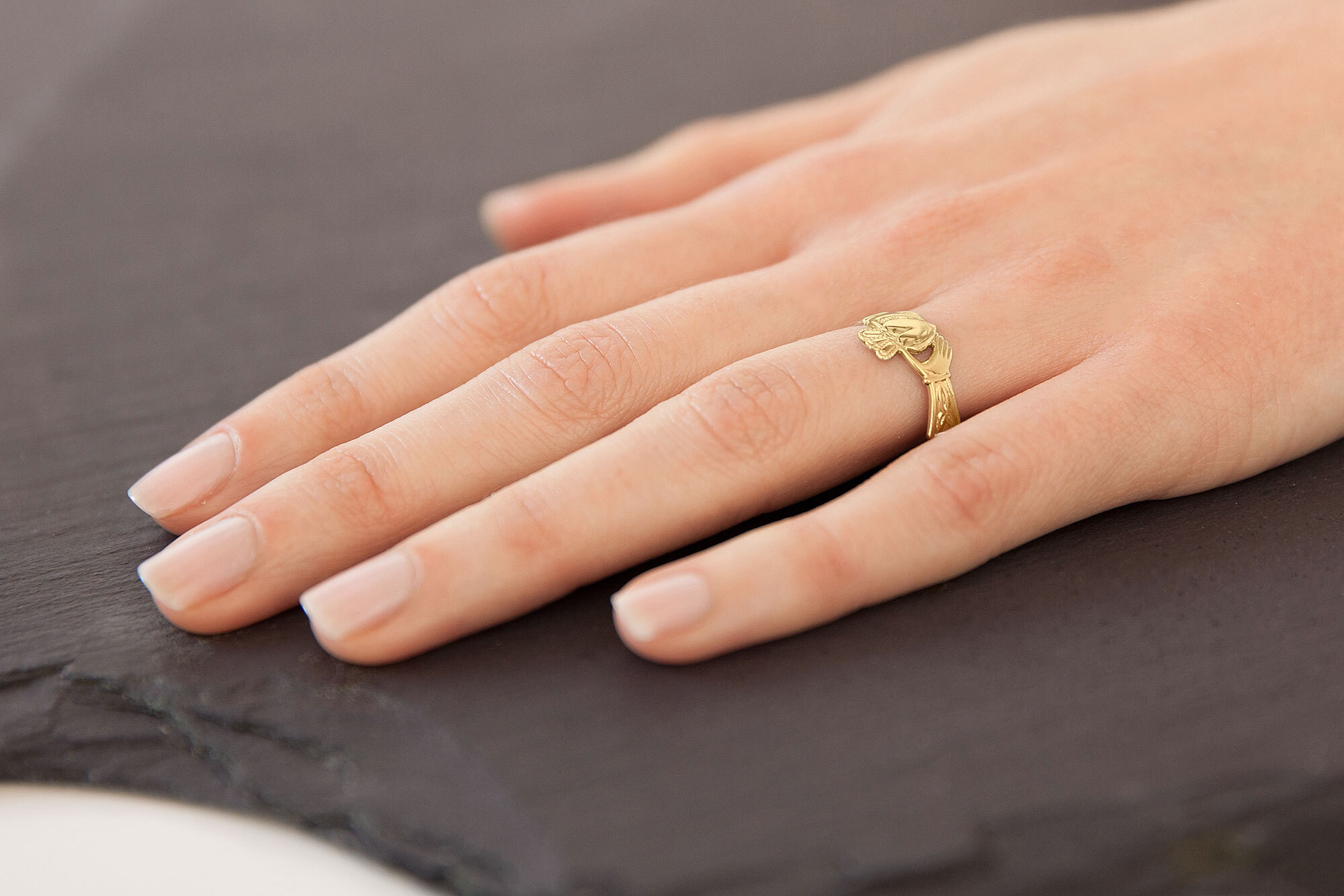 Genuine 9K Yellow Gold Claddagh 2.0mm Ring For Women - Model Photo