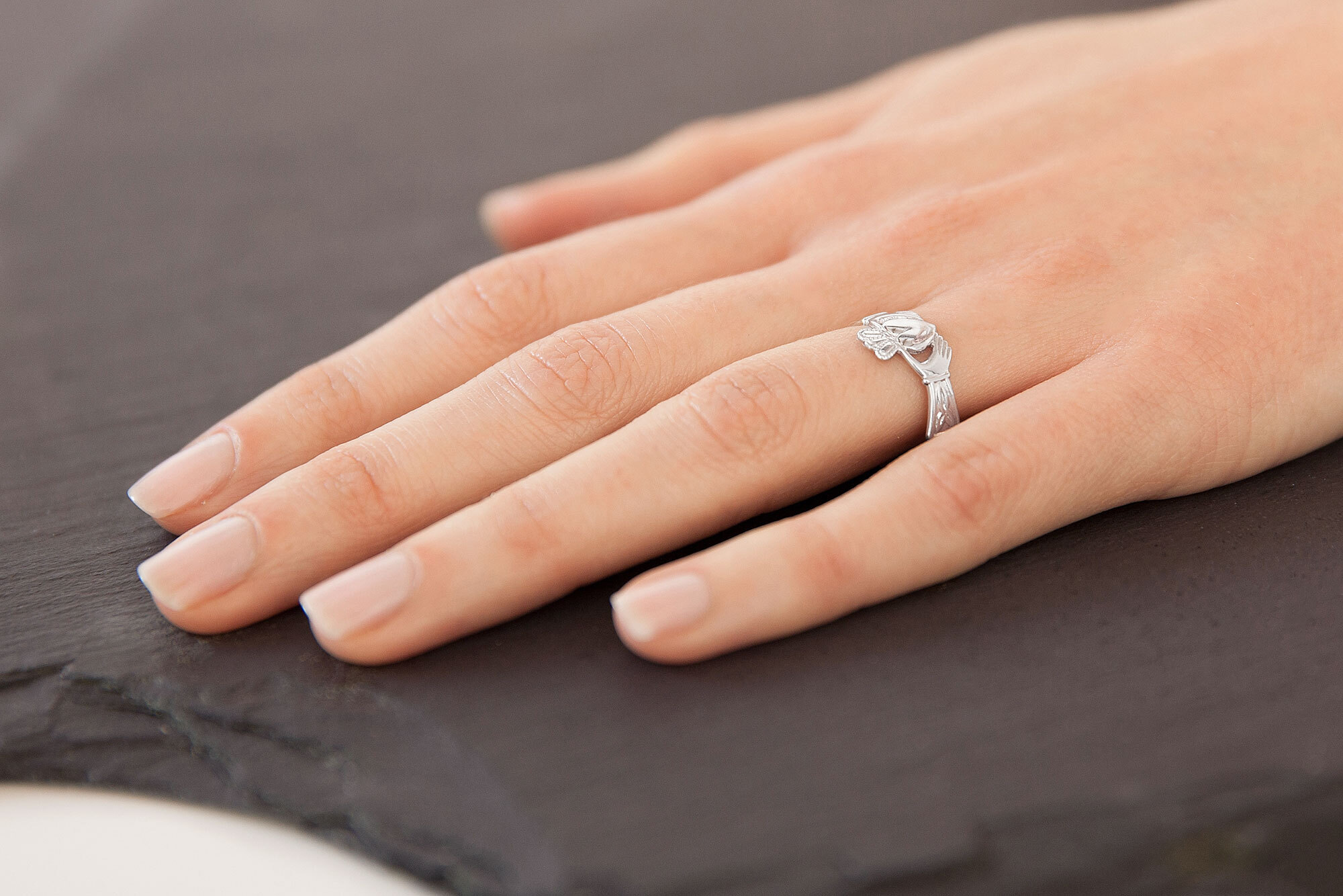 Gorgeous 9K White Gold Claddagh 2.0mm Ring For Women - Model Photo