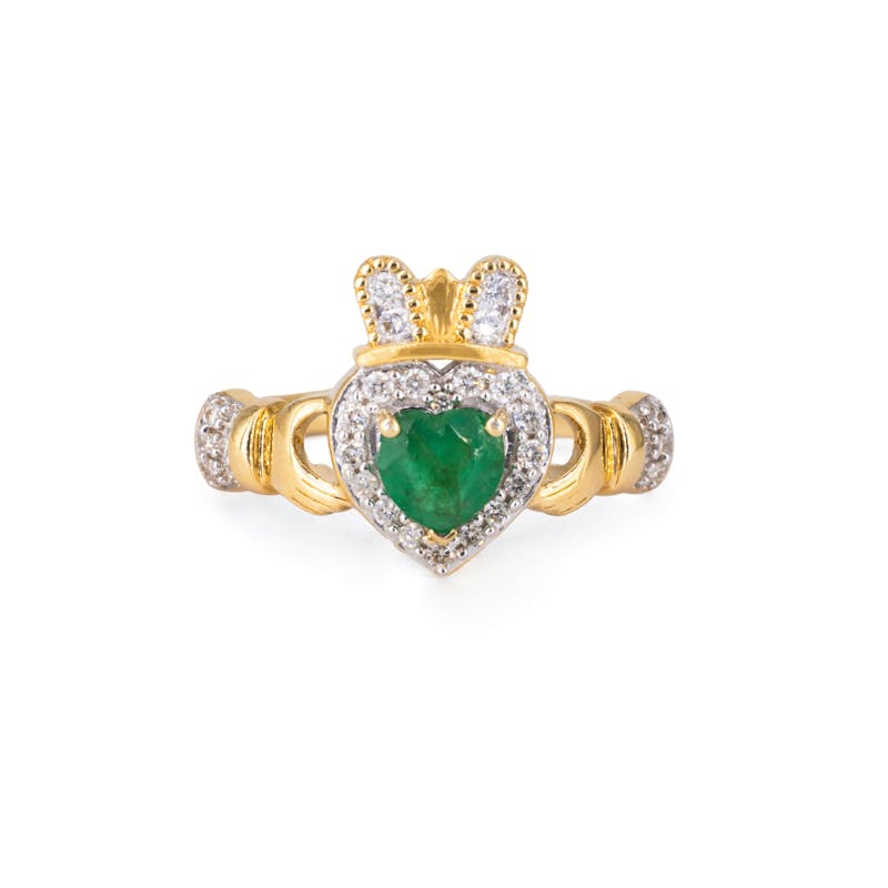 Emerald and Diamond Halo Claddagh Ring
