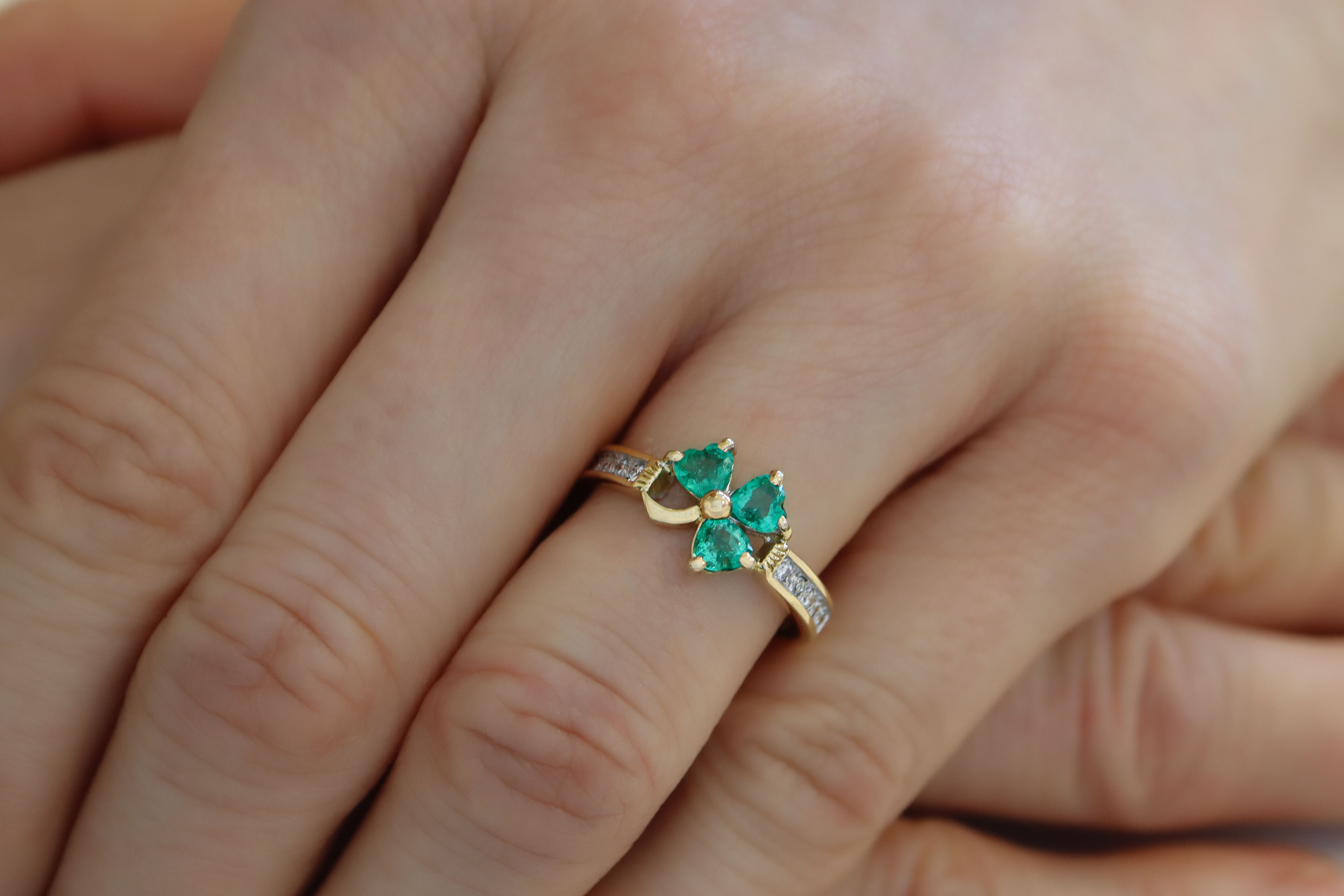 Authentic Yellow Gold Shamrock Ring For Women With a Polished Finish - Model Photo