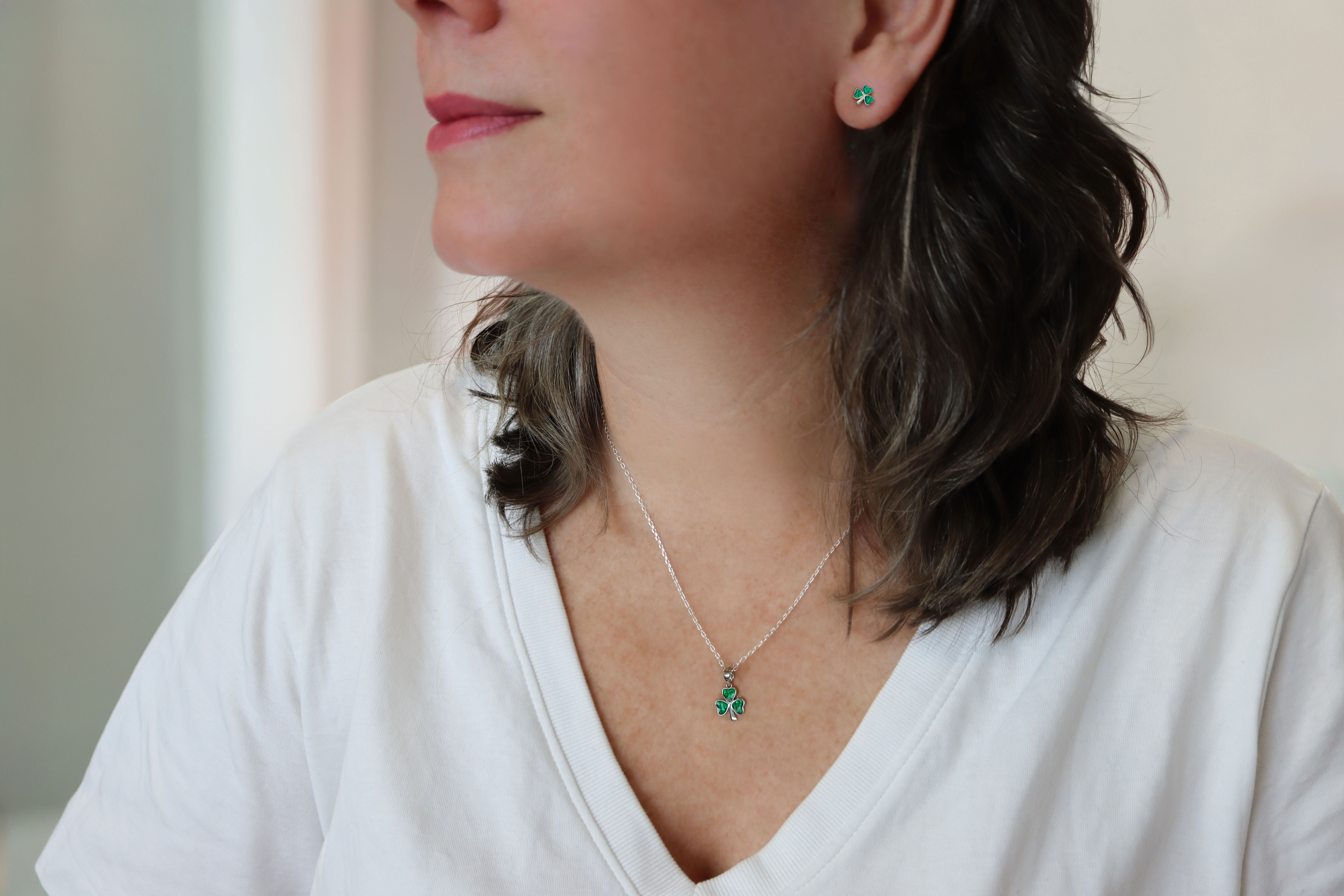 Enamel Shamrock Necklace and Stud Earring Gift Set sku 23676 model