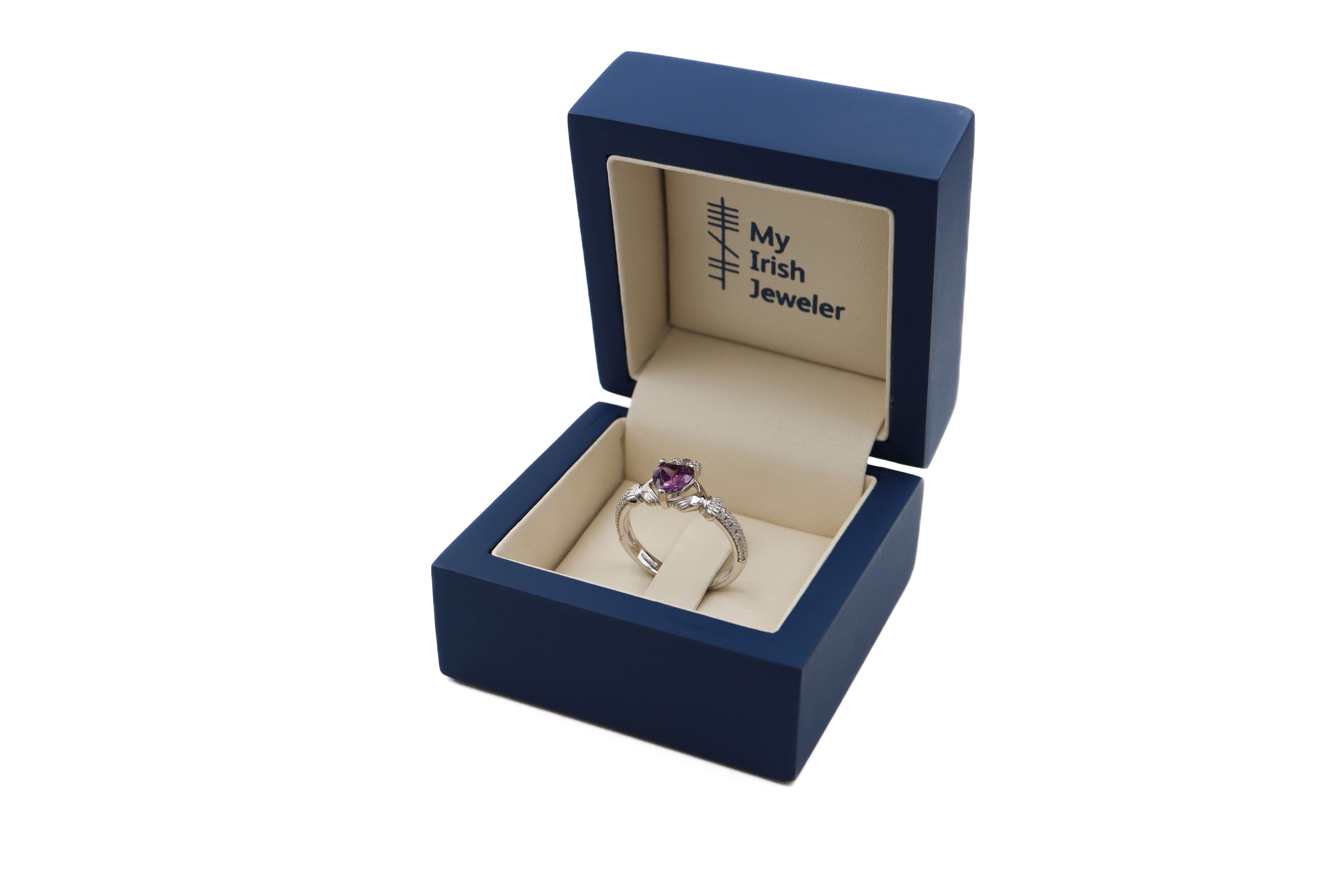 Womens February Birthstone 2.0mm Ring in Sterling Silver. In Luxury Packaging.