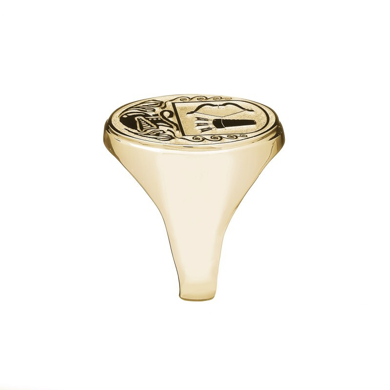 Mens Family Crest 11.3mm Ring in Yellow Gold. Side View.