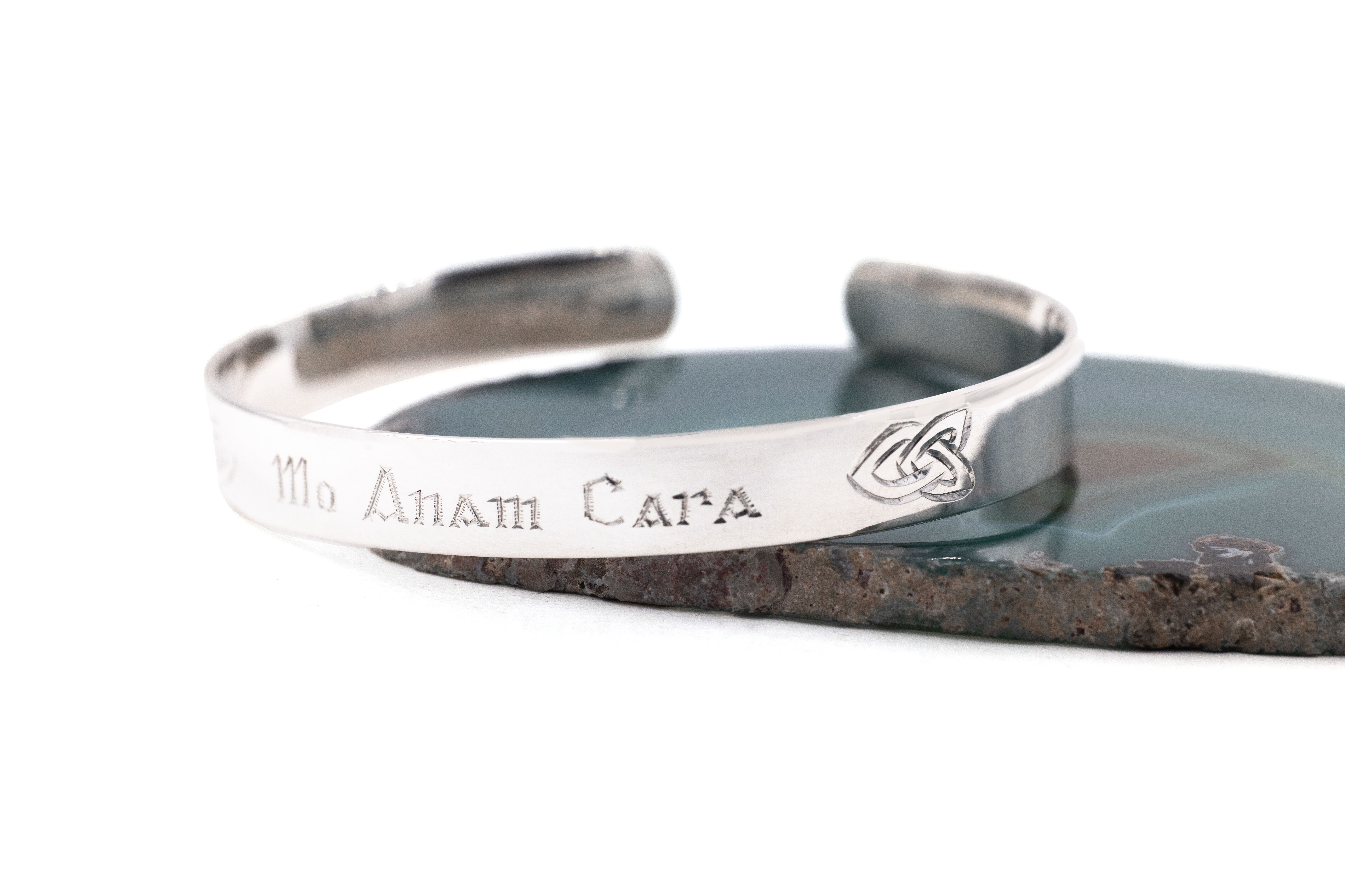 Polished Gaelic Engravable Gift Set in Real Sterling Silver. Side View.