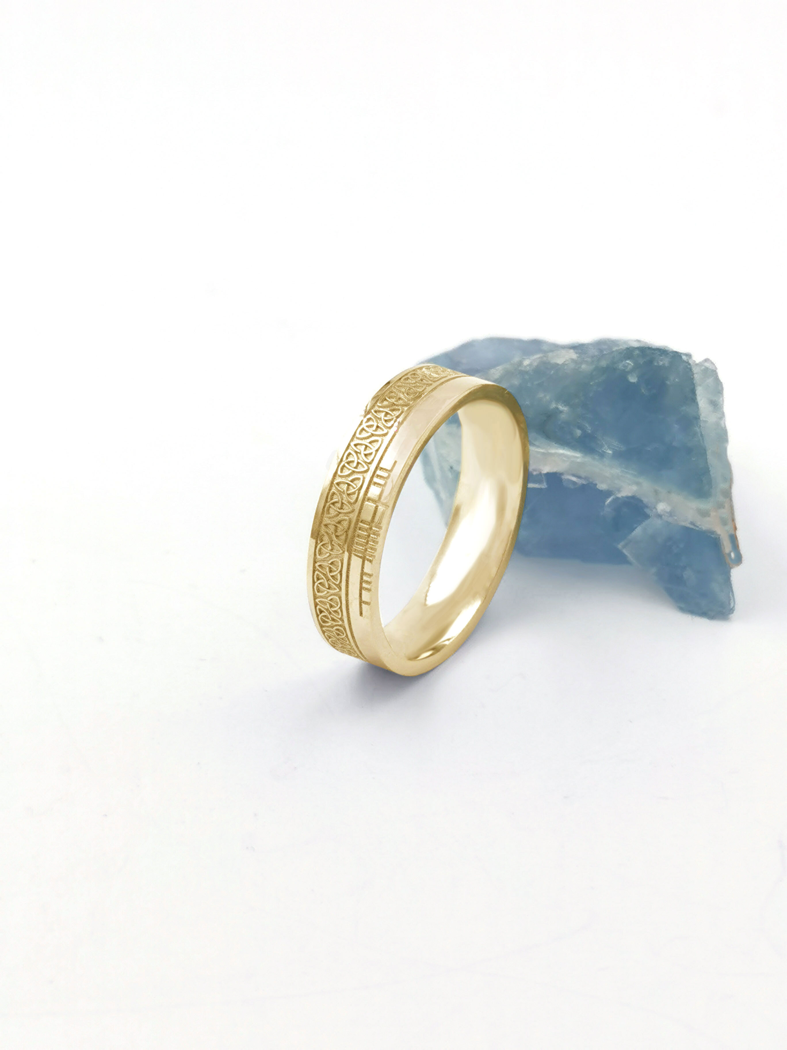 Ogham & Trinity Knot 7.3mm Ring in 10K Yellow Gold With a Florentine Finish