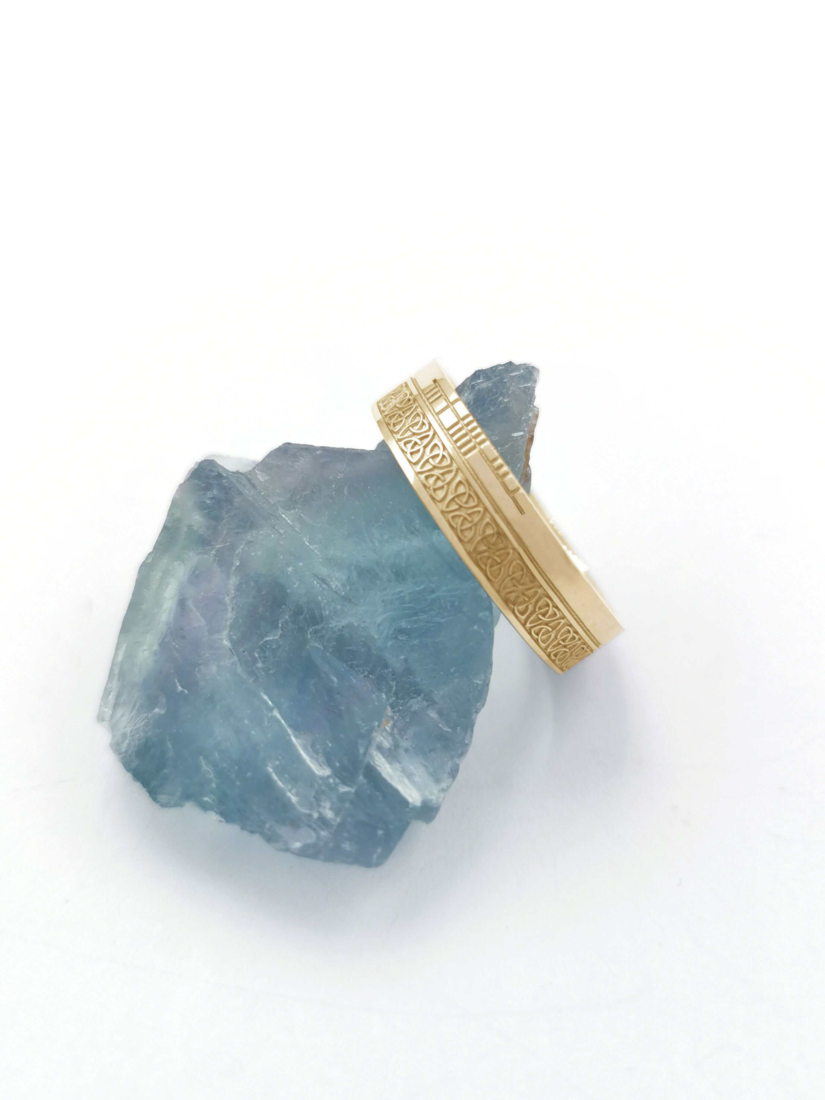 Irish 10K Yellow Gold Ogham & Trinity Knot 7.3mm Ring With a Florentine Finish