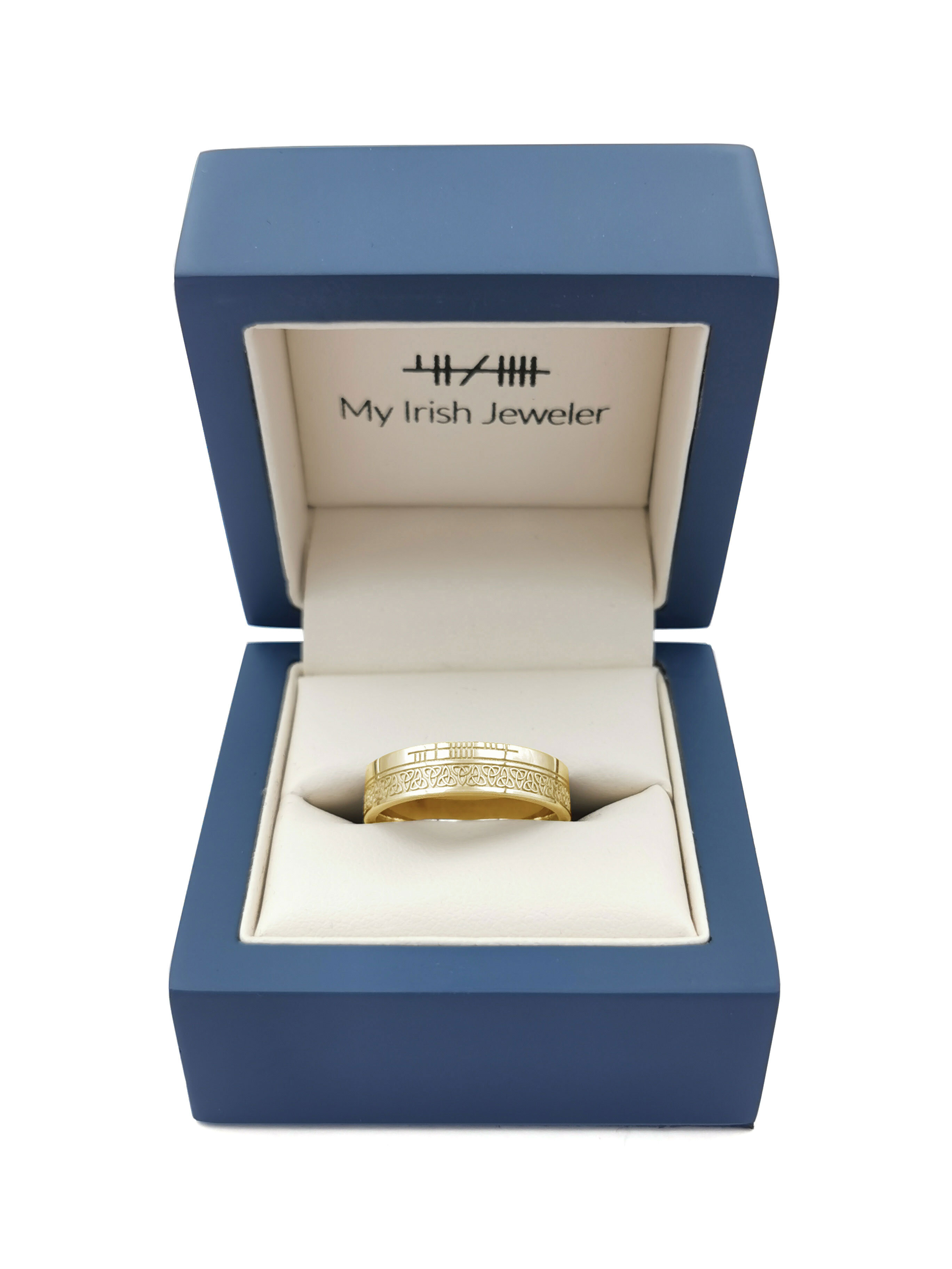 Real 10K Yellow Gold Ogham 7.3mm Ring With a Florentine Finish. In Luxury Packaging.