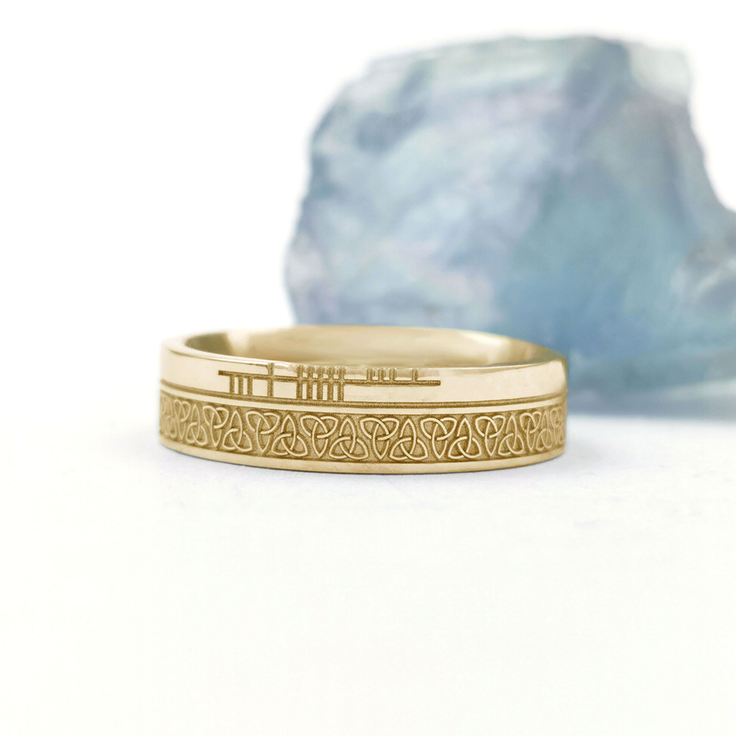 Ogham 7.3mm Ring in Yellow Gold With a Florentine Finish