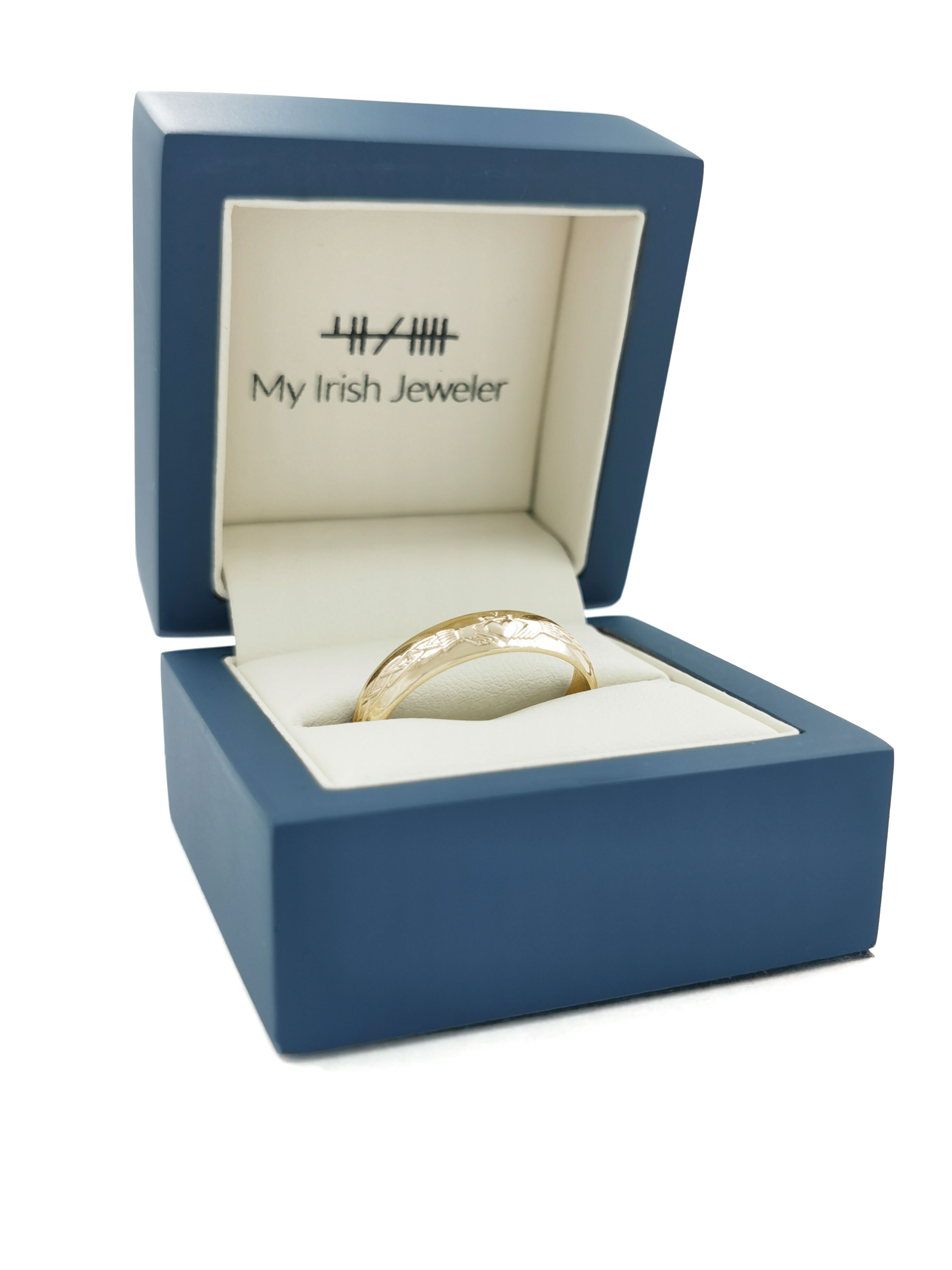 Authentic 18K Yellow Gold Claddagh Wedding Ring For Men. In Luxury Packaging.