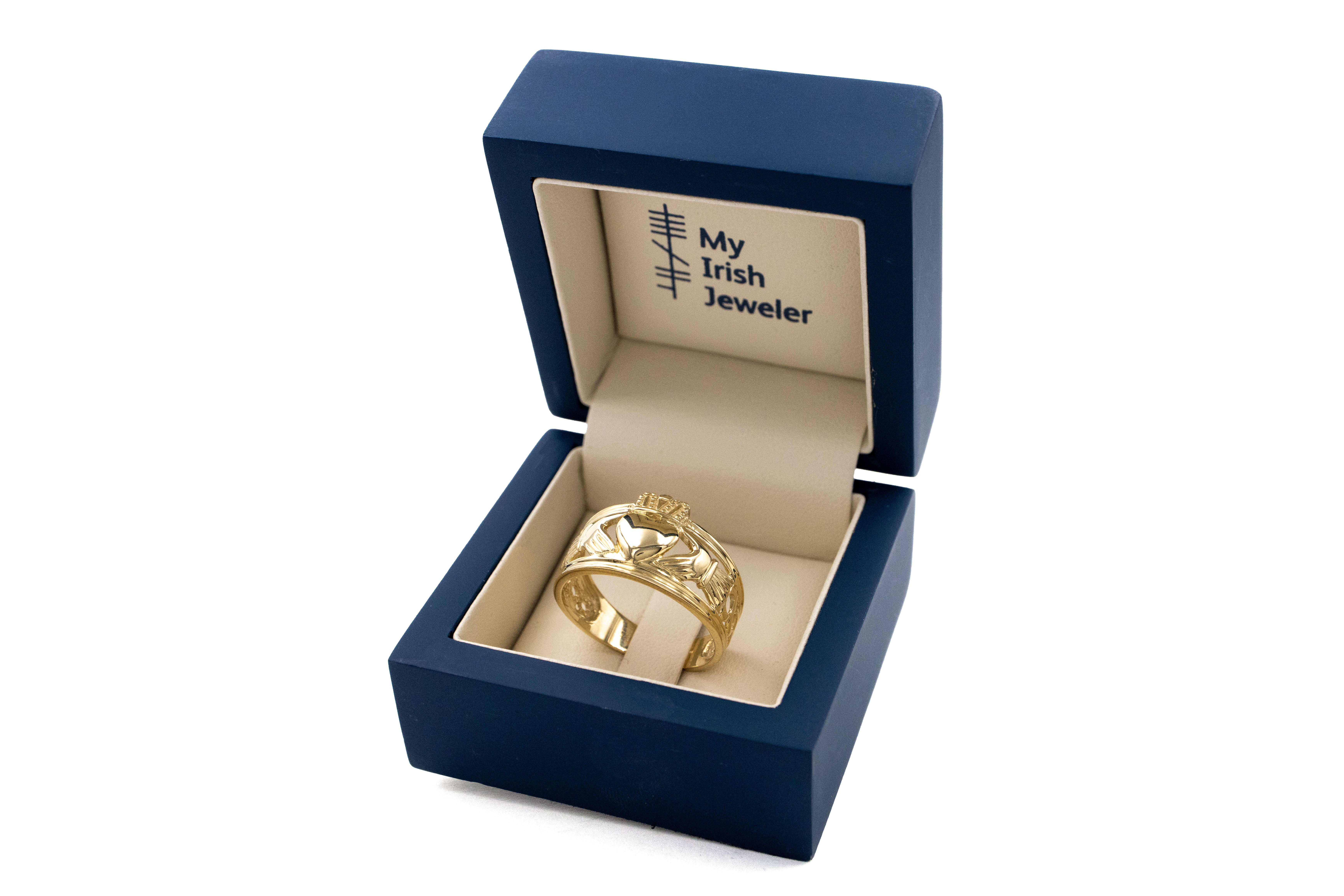 Irish Yellow Gold Claddagh Ring For Men. In Luxury Packaging.