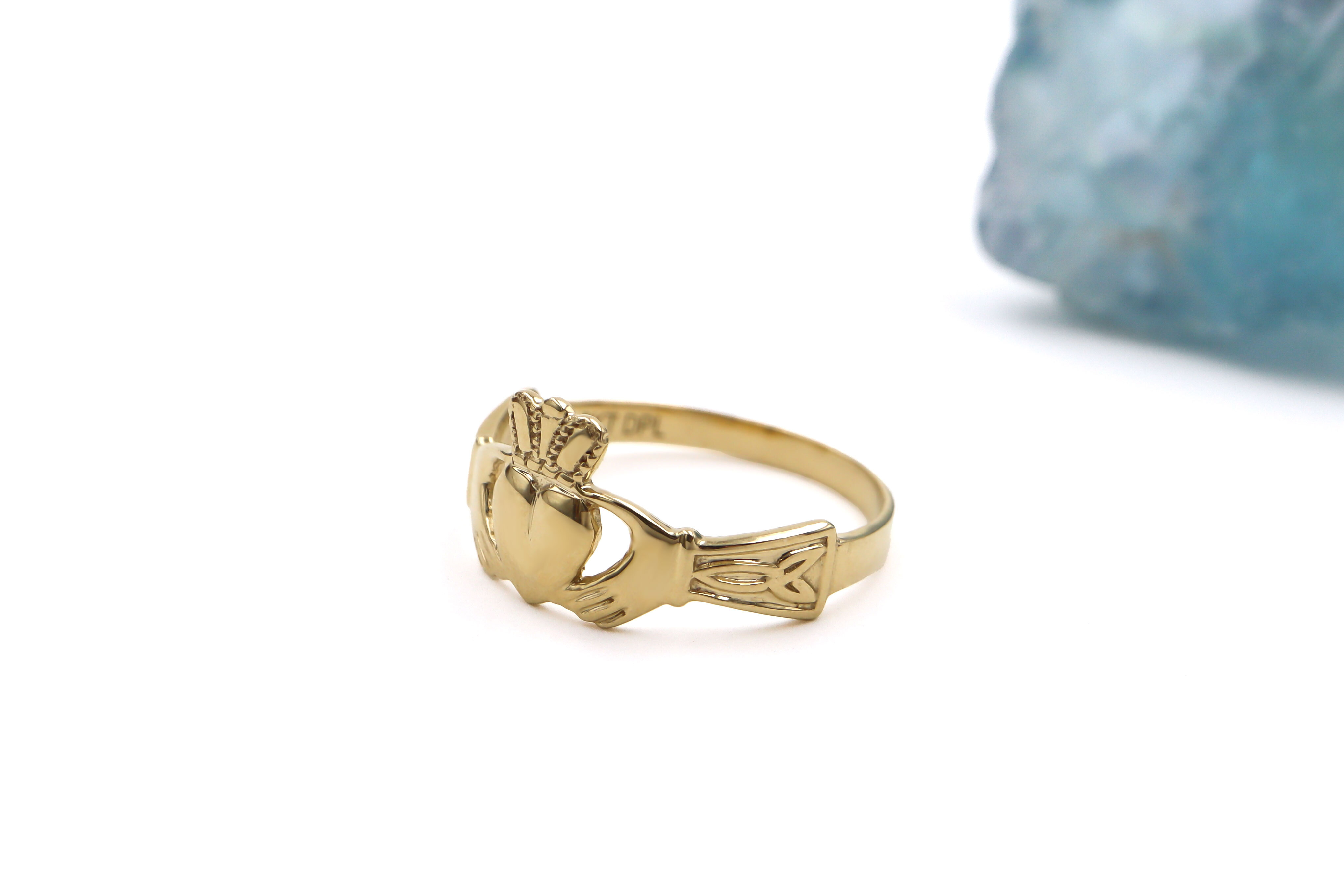Irish 9K Yellow Gold Claddagh Ring For Women. Side View.