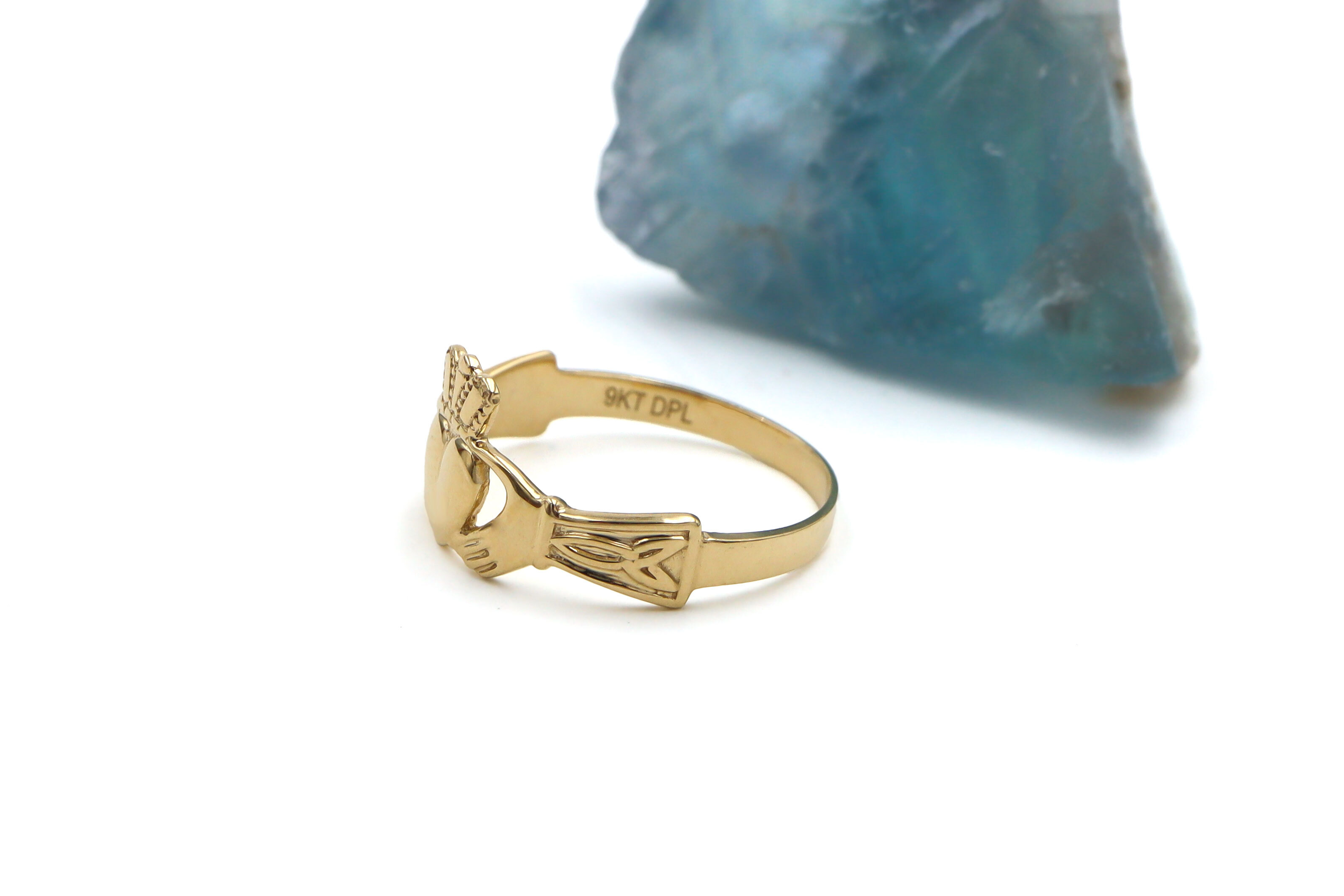 Genuine 9K Yellow Gold Claddagh 2.0mm Ring For Women. Side View.