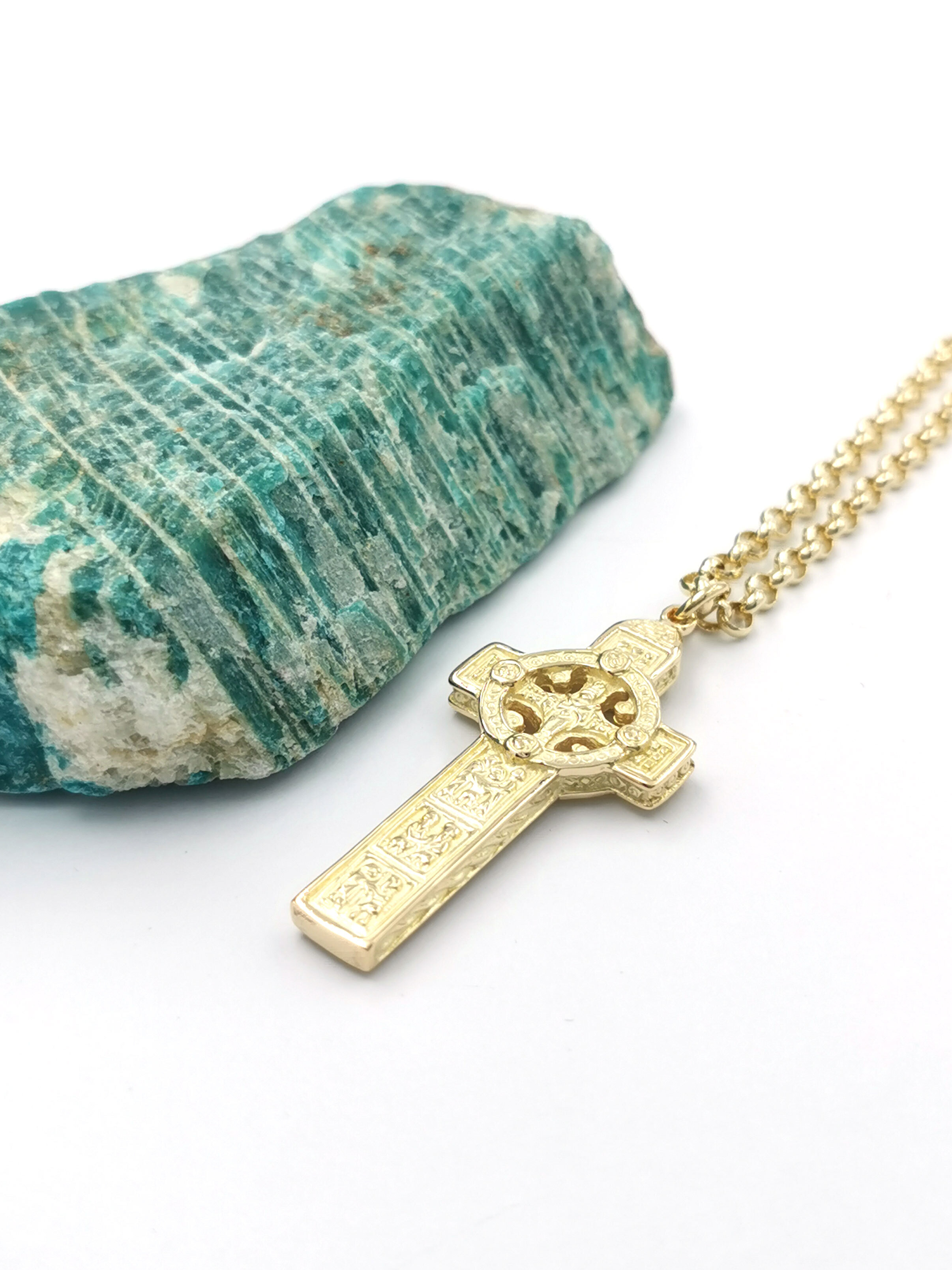 Celtic Cross & High Crosses Of Ireland Necklace in Real 18K Yellow Gold
