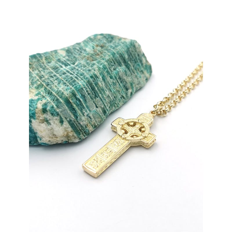 Celtic Cross & High Crosses Of Ireland Necklace in Real 18K Yellow Gold