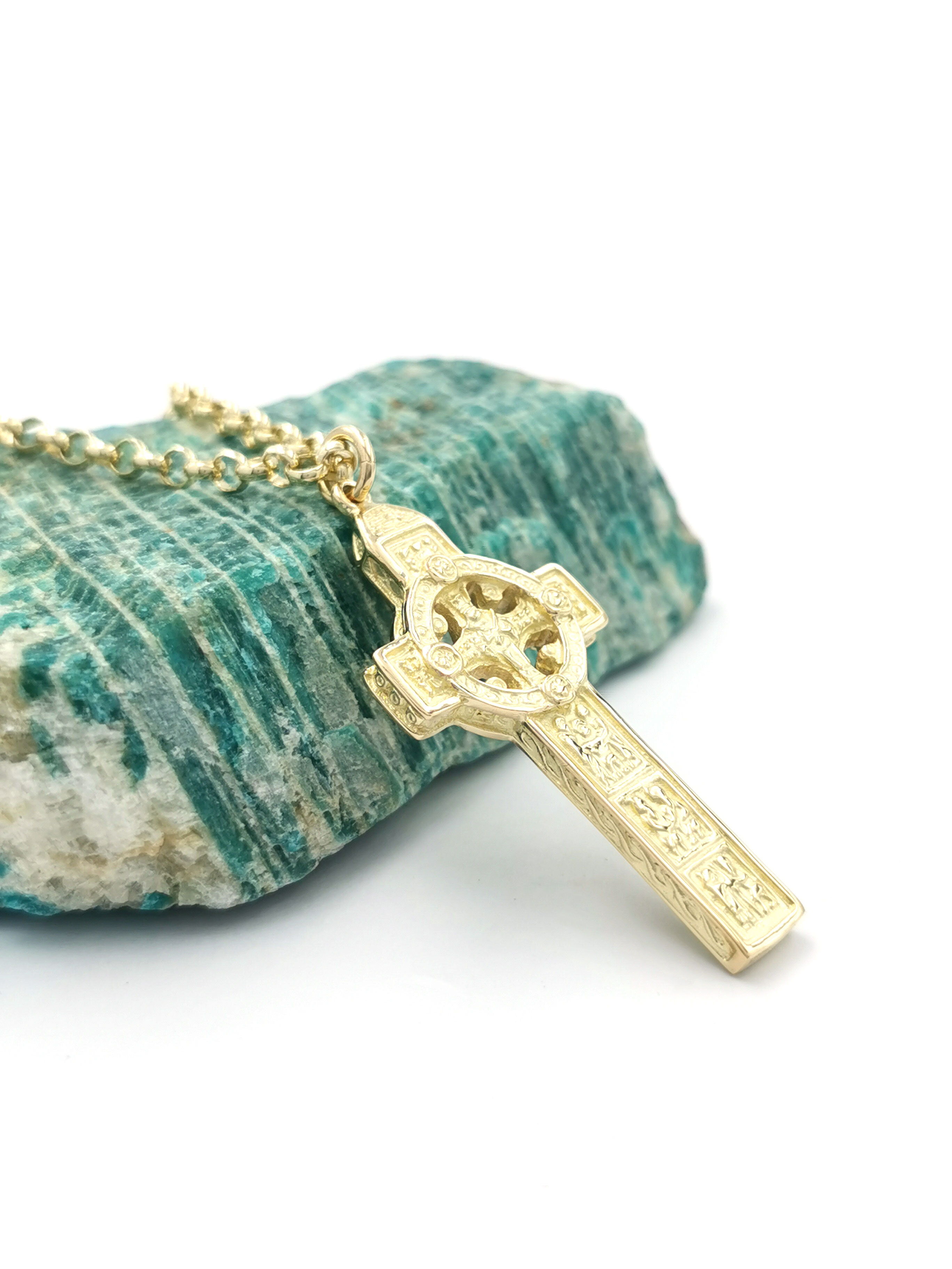 Celtic Cross & High Crosses Of Ireland Necklace in Real 18K Yellow Gold