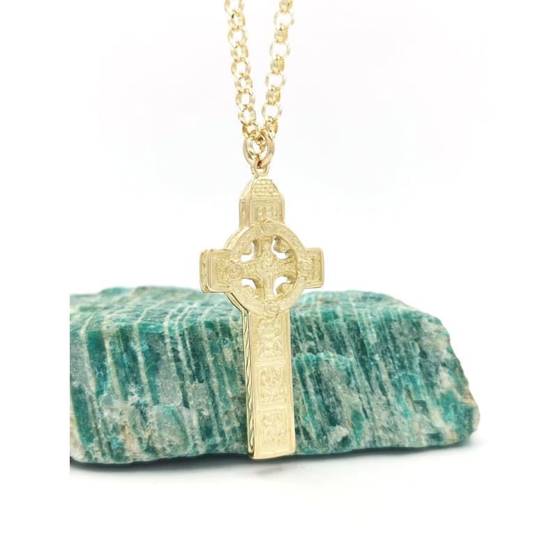 Gorgeous Yellow Gold Celtic Cross & High Crosses Of Ireland Necklace