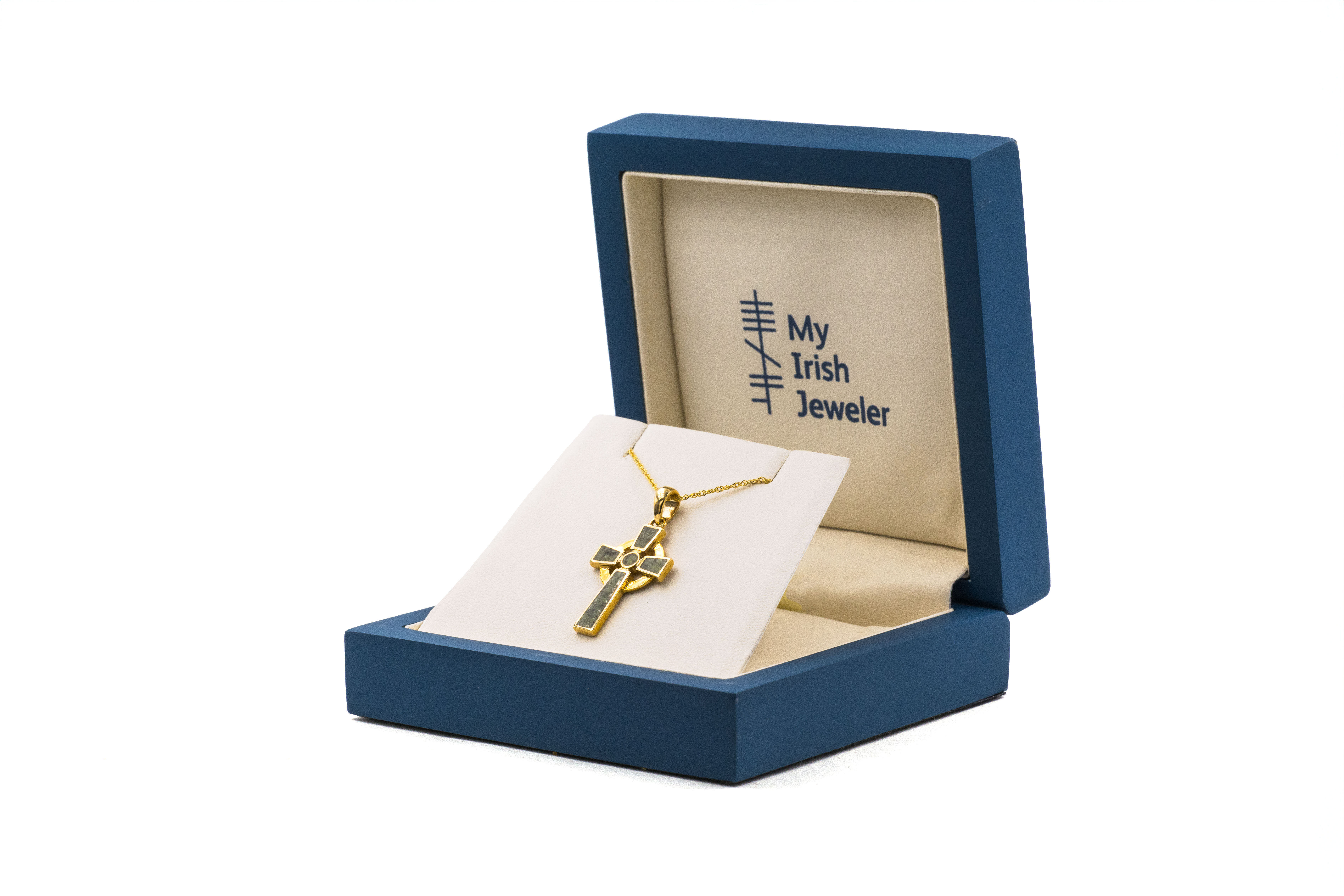 Womens Luxurious Yellow Gold Connemara Marble Necklace. In Luxury Packaging.