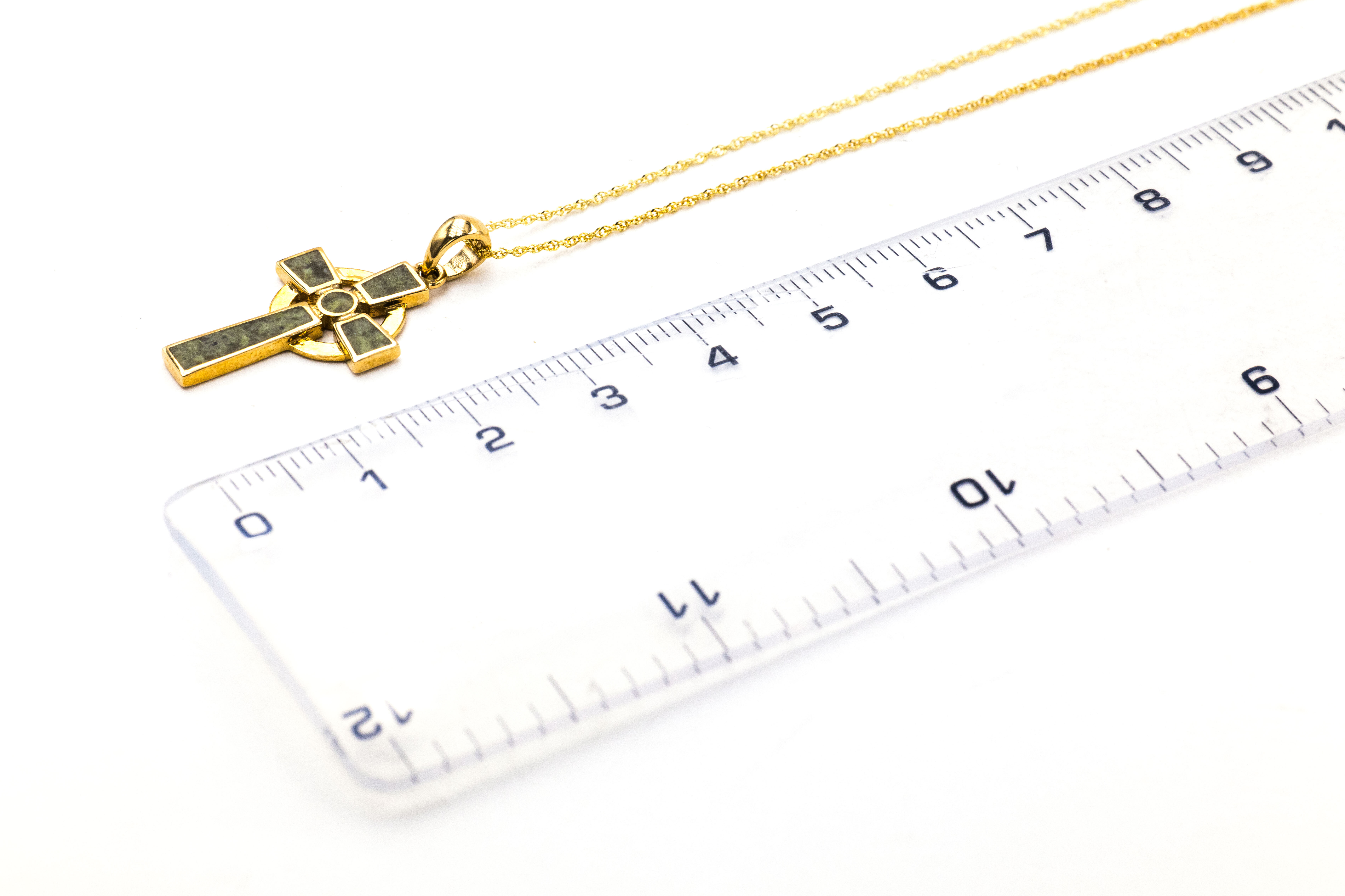 Womens Connemara Marble & Celtic Cross Necklace in Real 14K Yellow Gold. Picture For Scale.