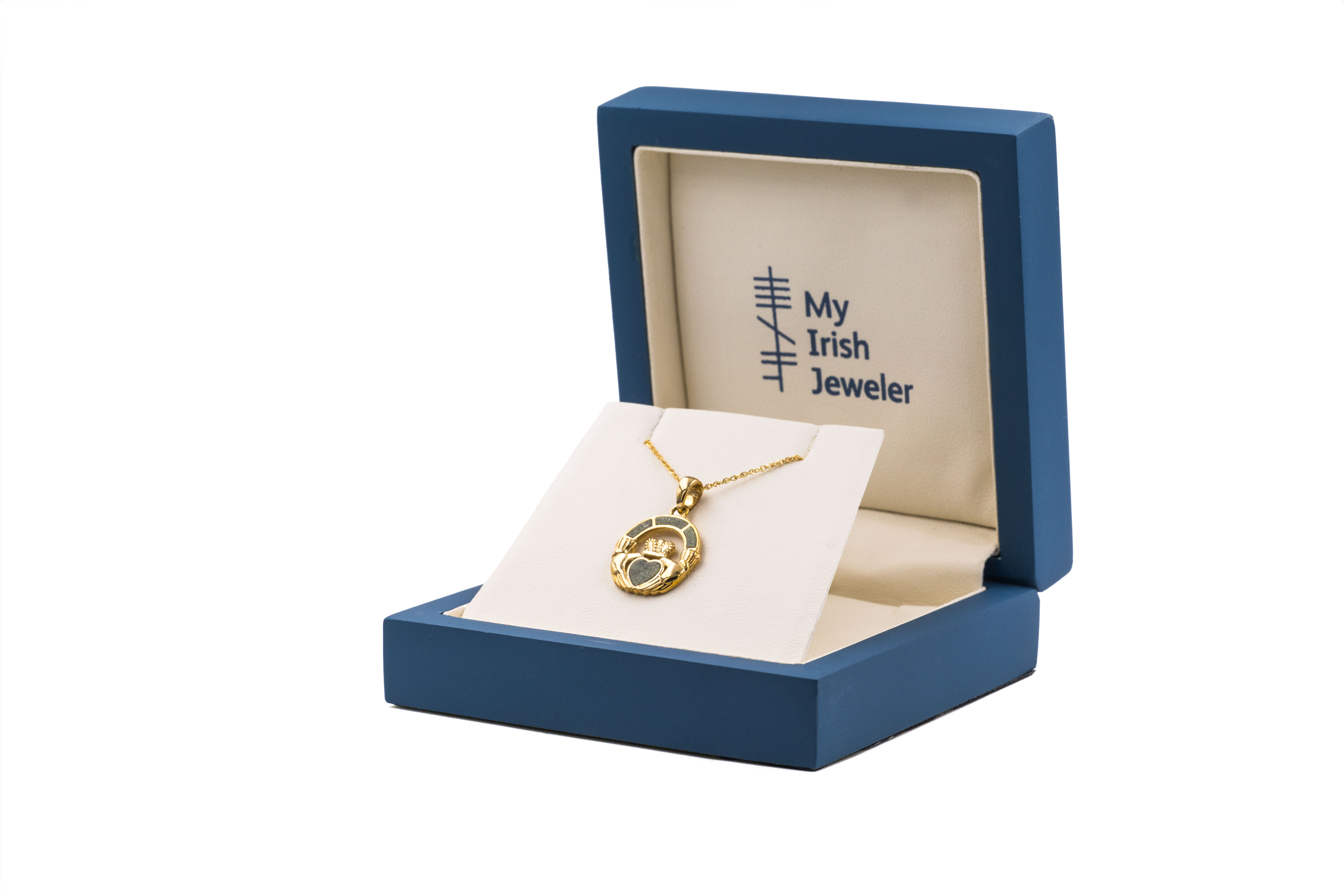 Womens Genuine Yellow Gold Connemara Marble & Claddagh Necklace. In Luxury Packaging.