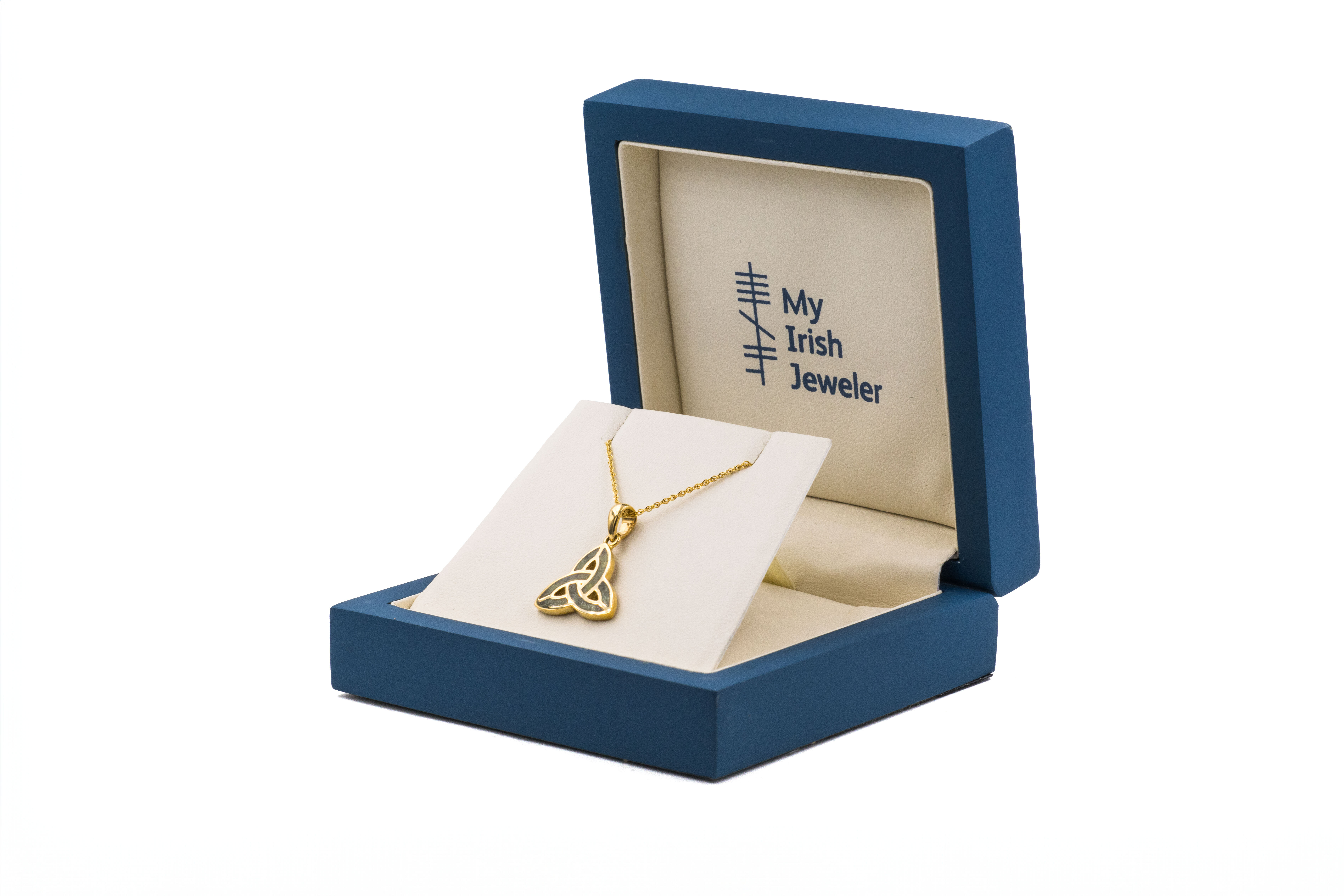 Irish Yellow Gold Connemara Marble & Trinity Knot Necklace For Women. In Luxury Packaging.