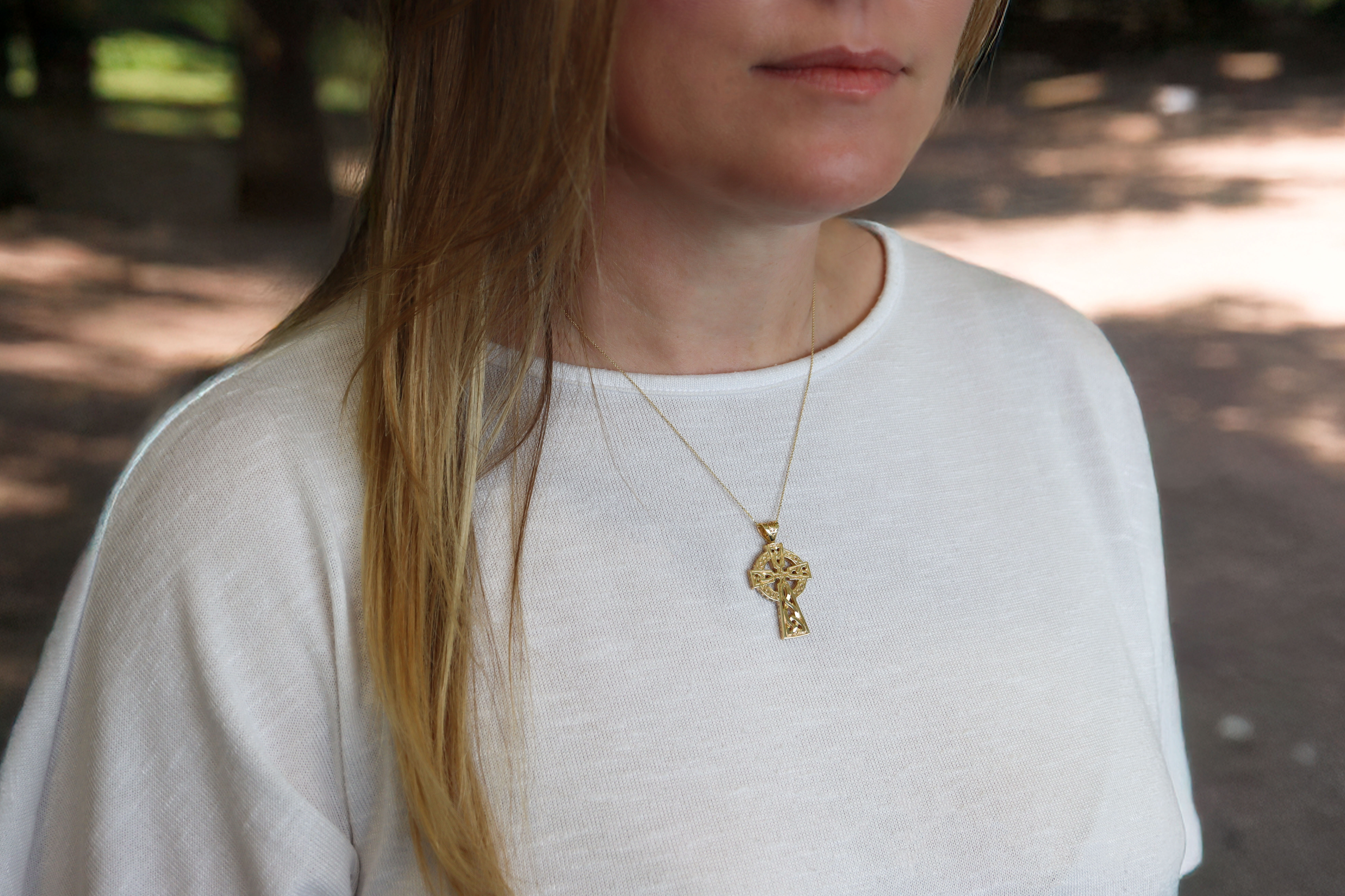 Celtic Cross Necklace in Real Yellow Gold - Model Photo
