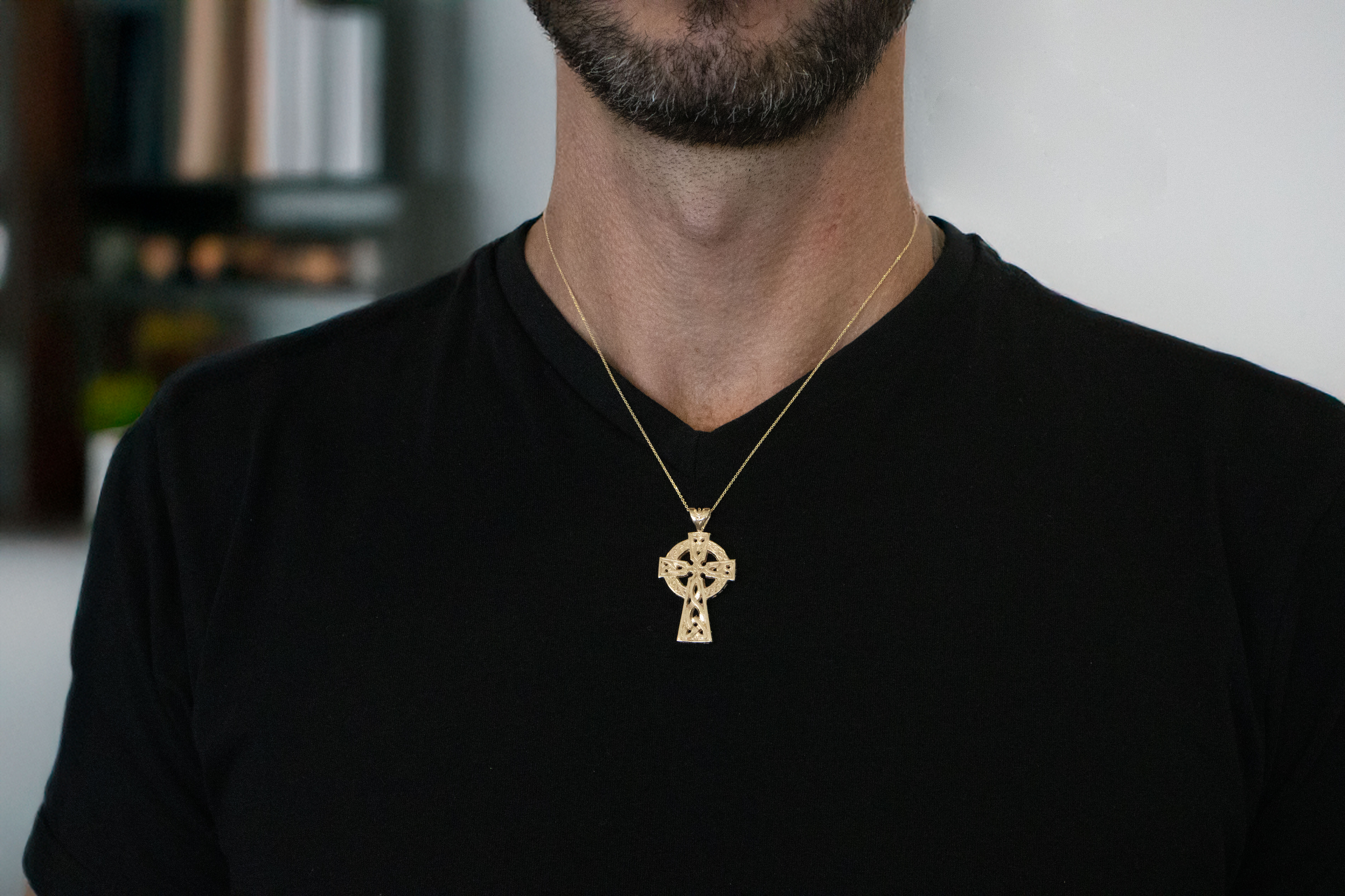 Attractive Yellow Gold Celtic Cross Necklace - Model Photo