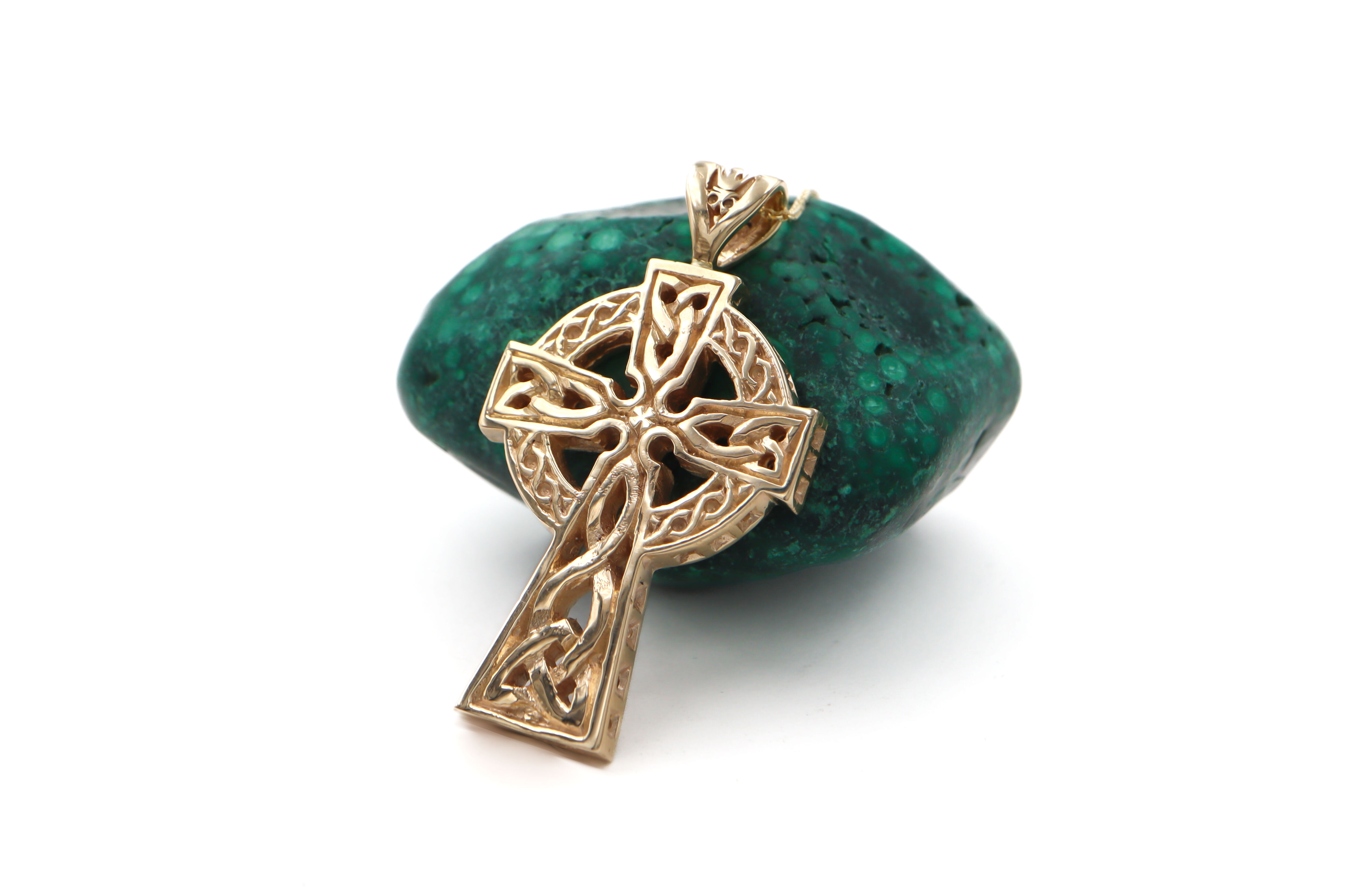 Celtic Cross Necklace in Real 14K Yellow Gold. Side View.