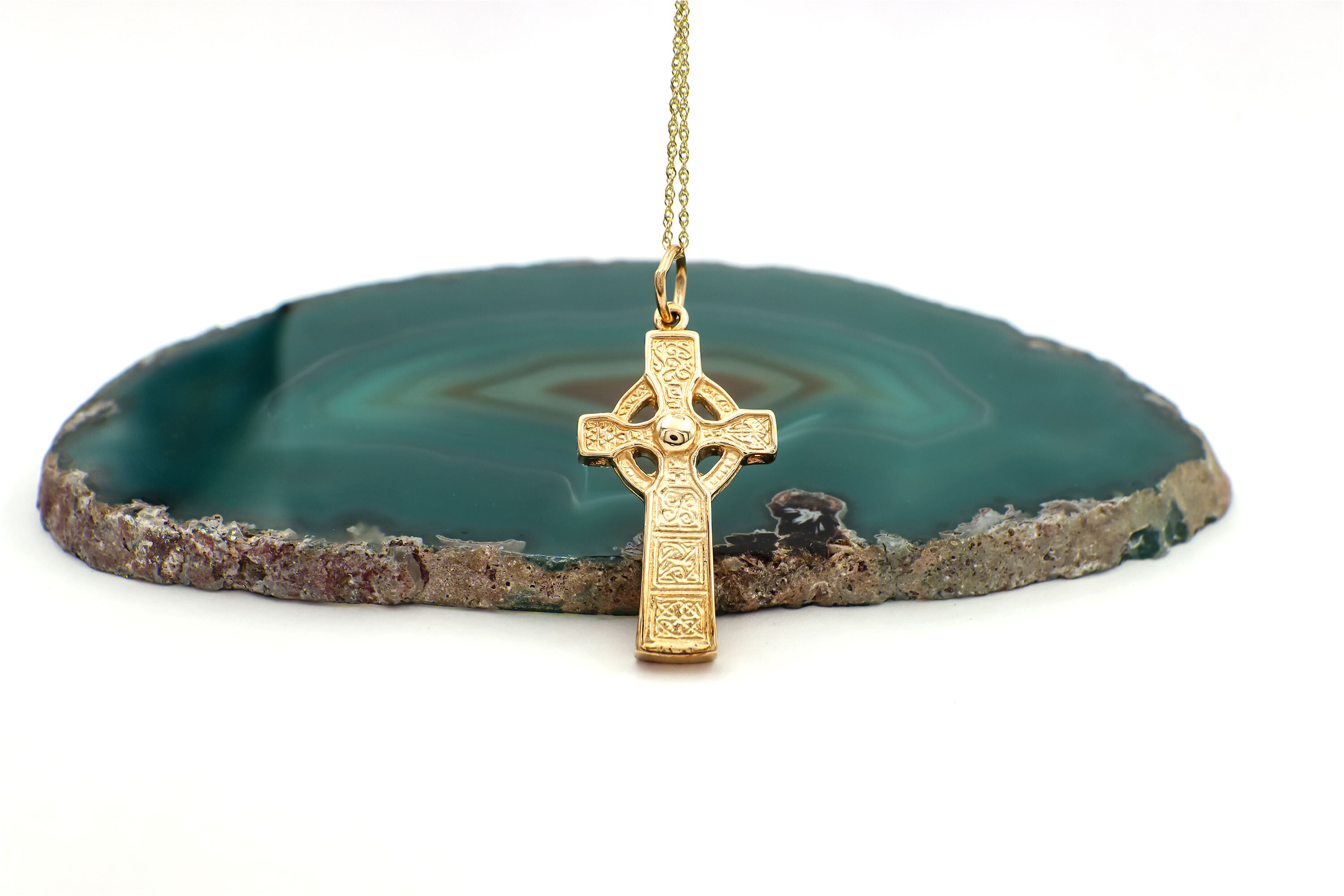 14K Yellow Gold Celtic Cross & High Crosses Of Ireland Necklace. Side View.