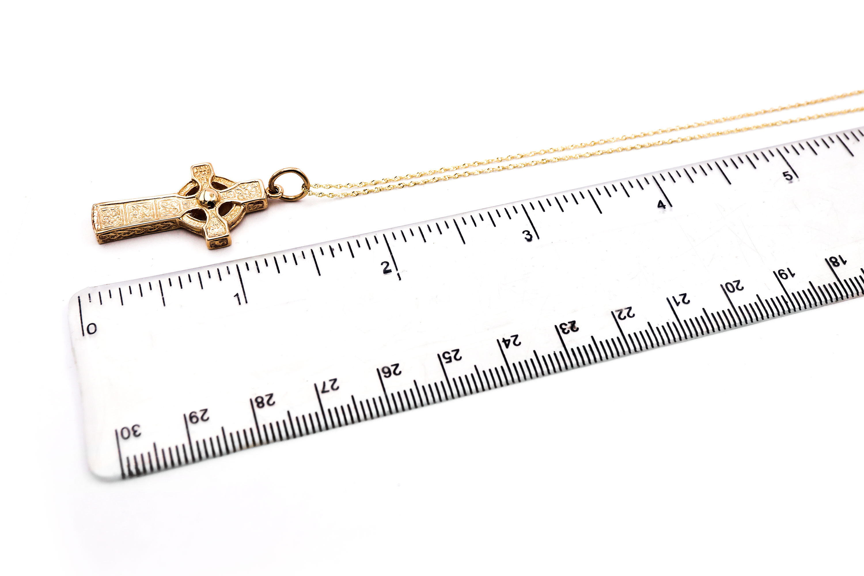 Celtic Cross Necklace in 14K Yellow Gold. Side View.