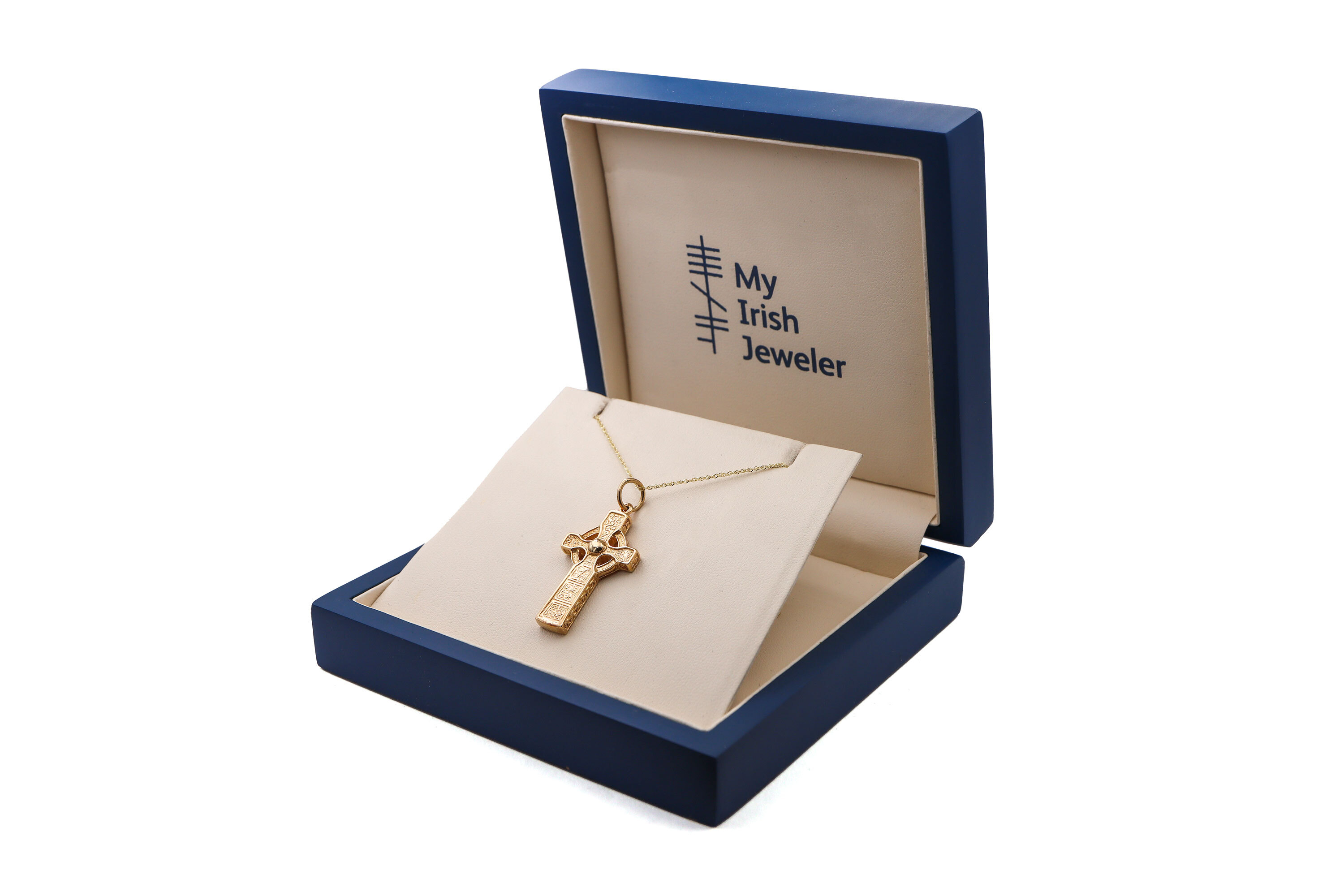 Authentic 14K Yellow Gold Celtic Cross & High Crosses Of Ireland Necklace. Side View.