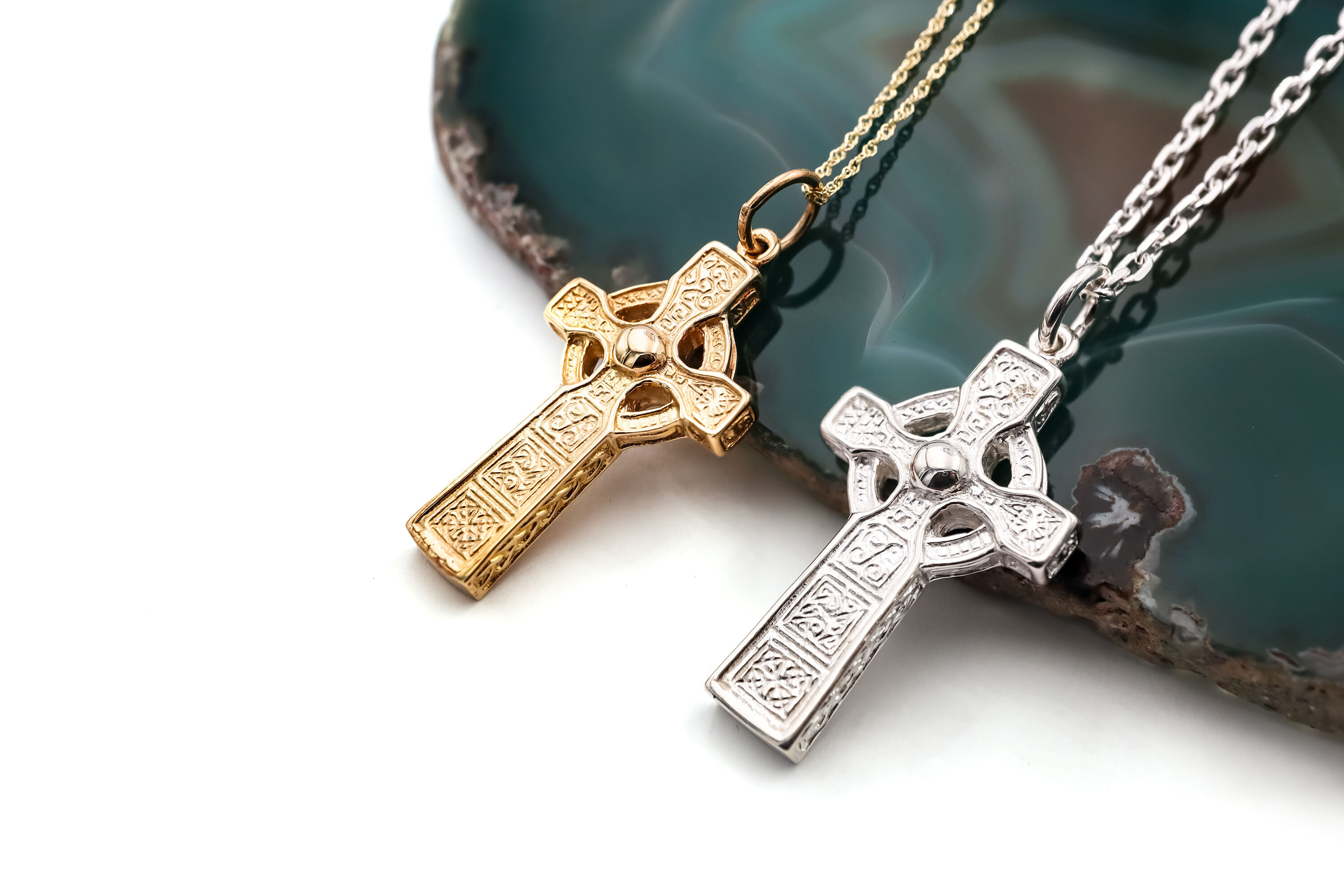 Striking Yellow Gold Celtic Cross & High Crosses Of Ireland Necklace. Side View.