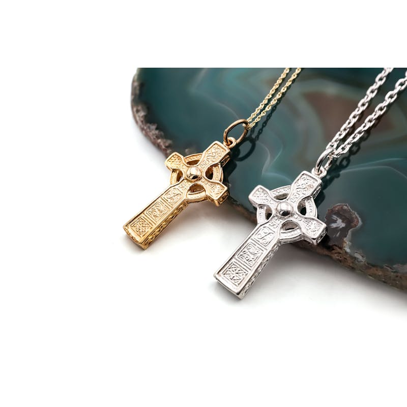 Striking Yellow Gold Celtic Cross & High Crosses Of Ireland Necklace. Side View.