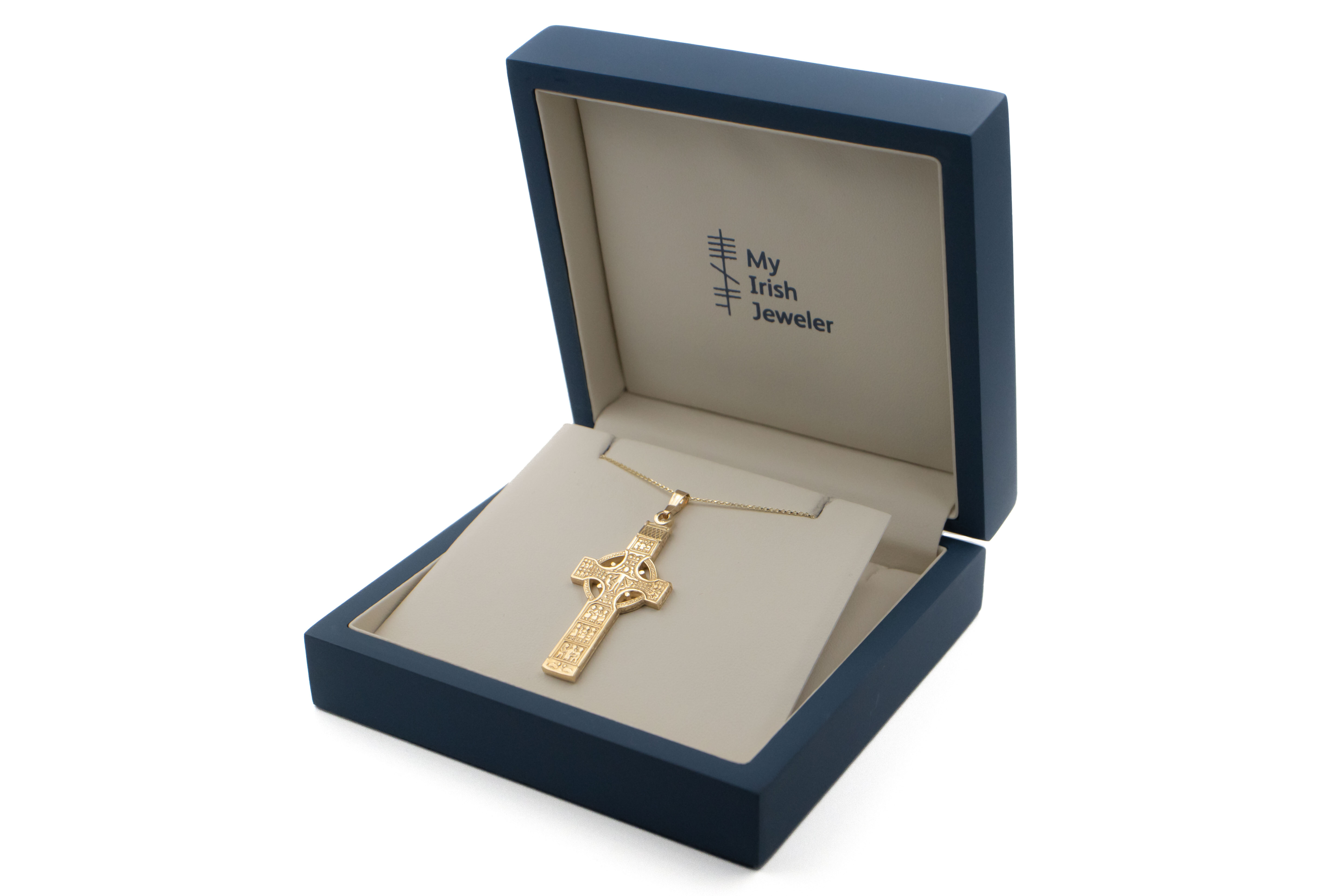 Celtic Cross & High Crosses Of Ireland Necklace in 14K Yellow Gold. In Luxury Packaging.