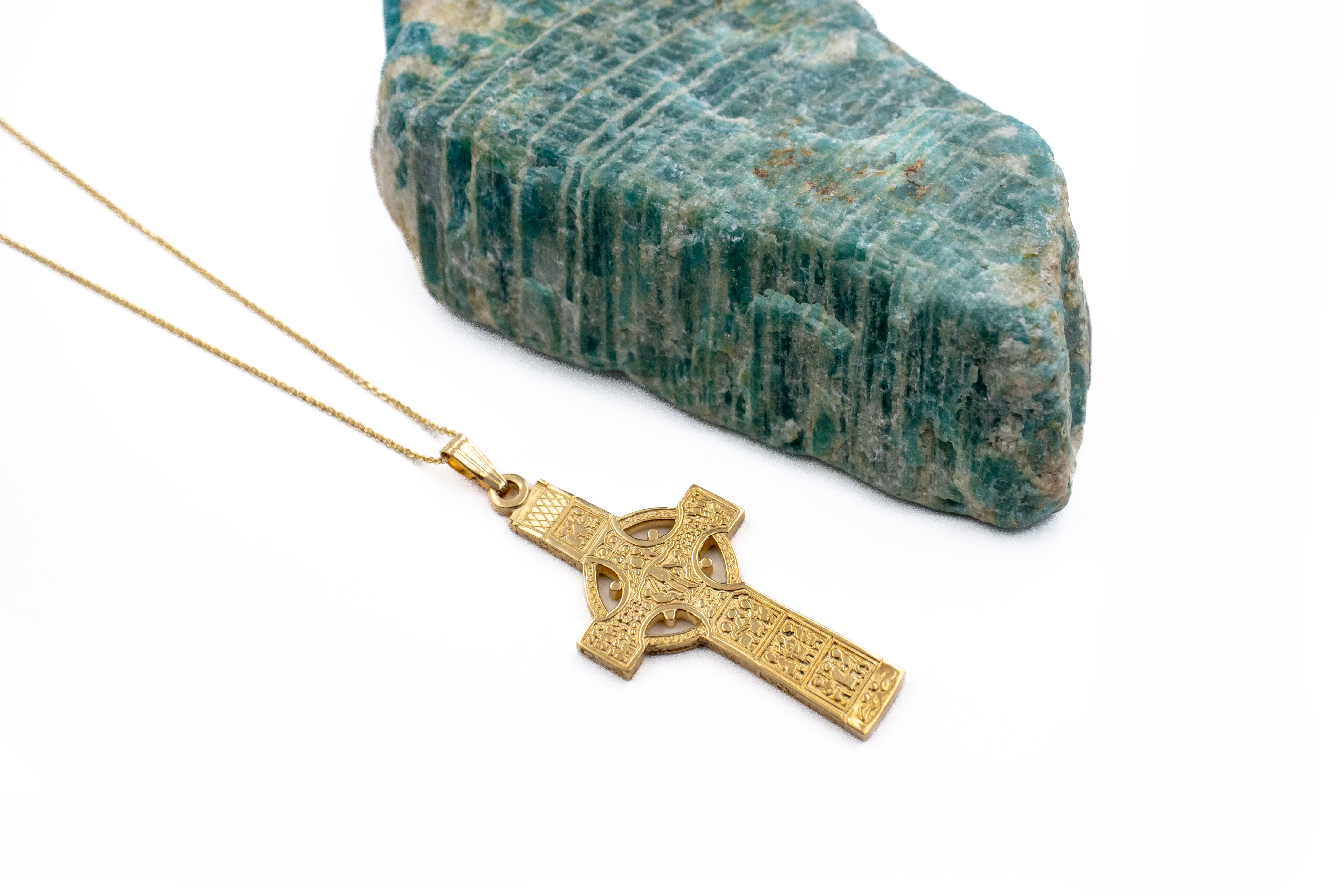 Heirloom Quality 14K Yellow Gold Celtic Cross & High Crosses Of Ireland Necklace. Pictured Flat.