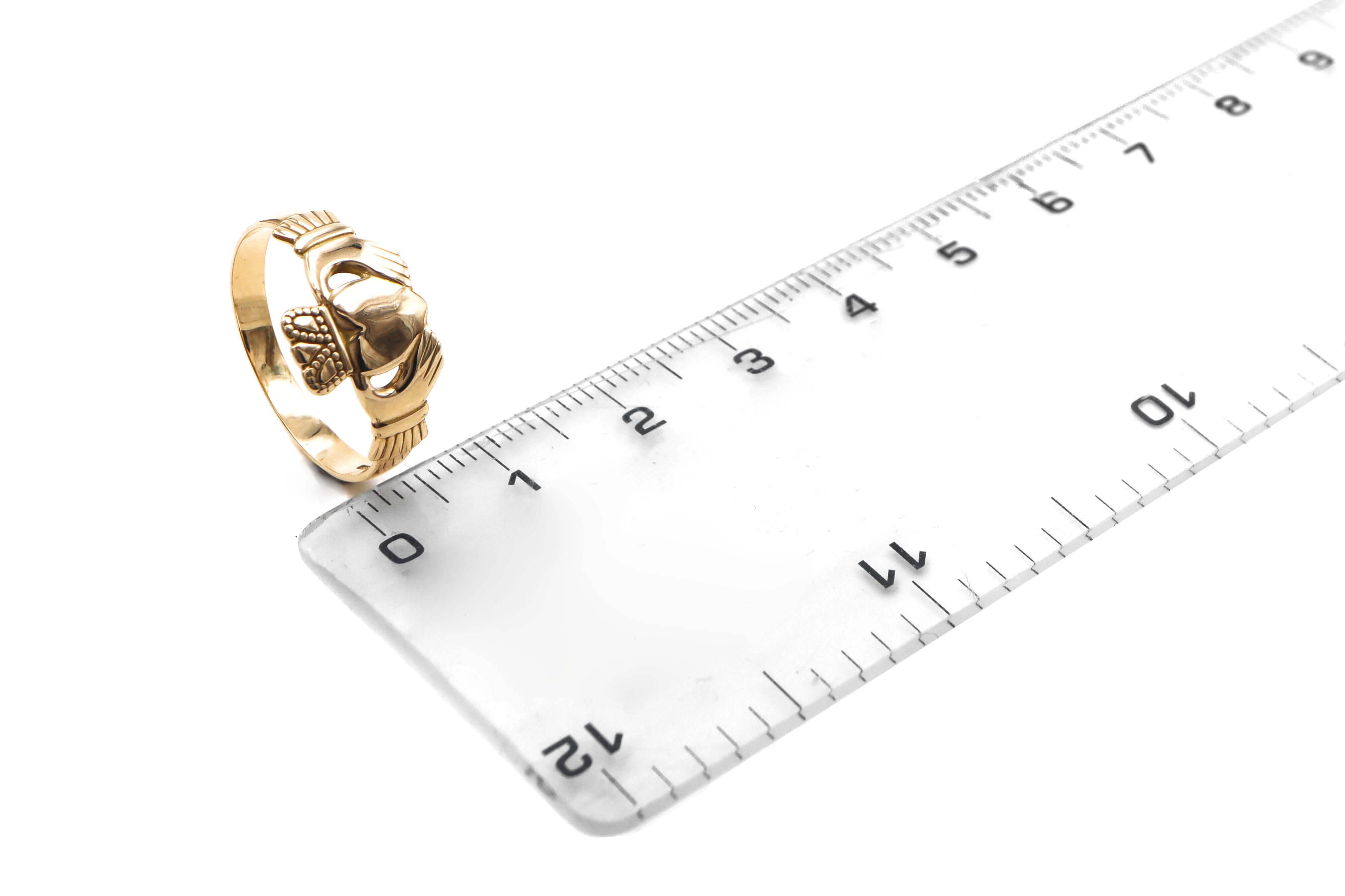 Womens Irish Yellow Gold Claddagh Ring. Picture For Scale.