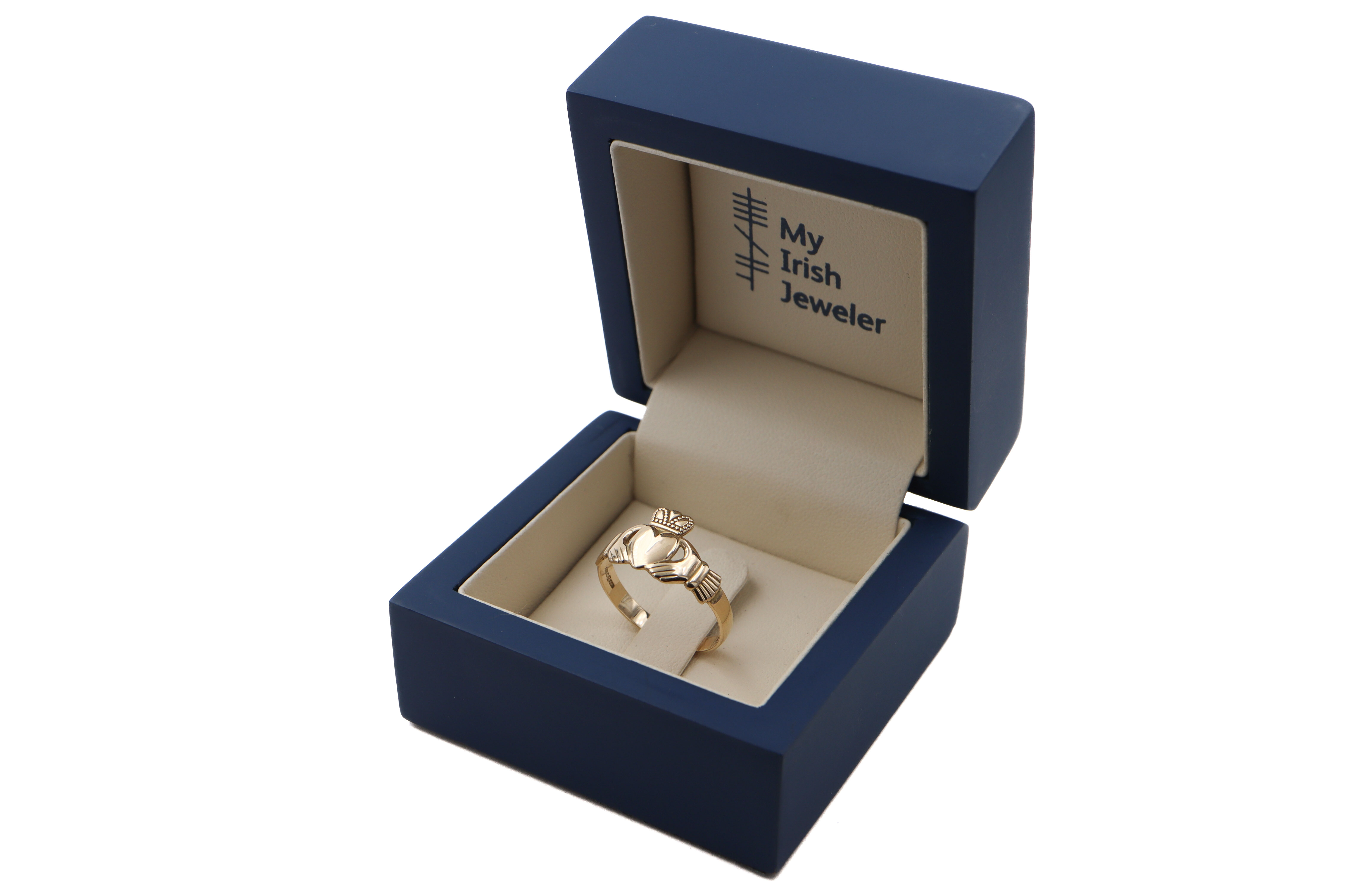 Womens Yellow Gold Claddagh Ring. In Luxury Packaging.